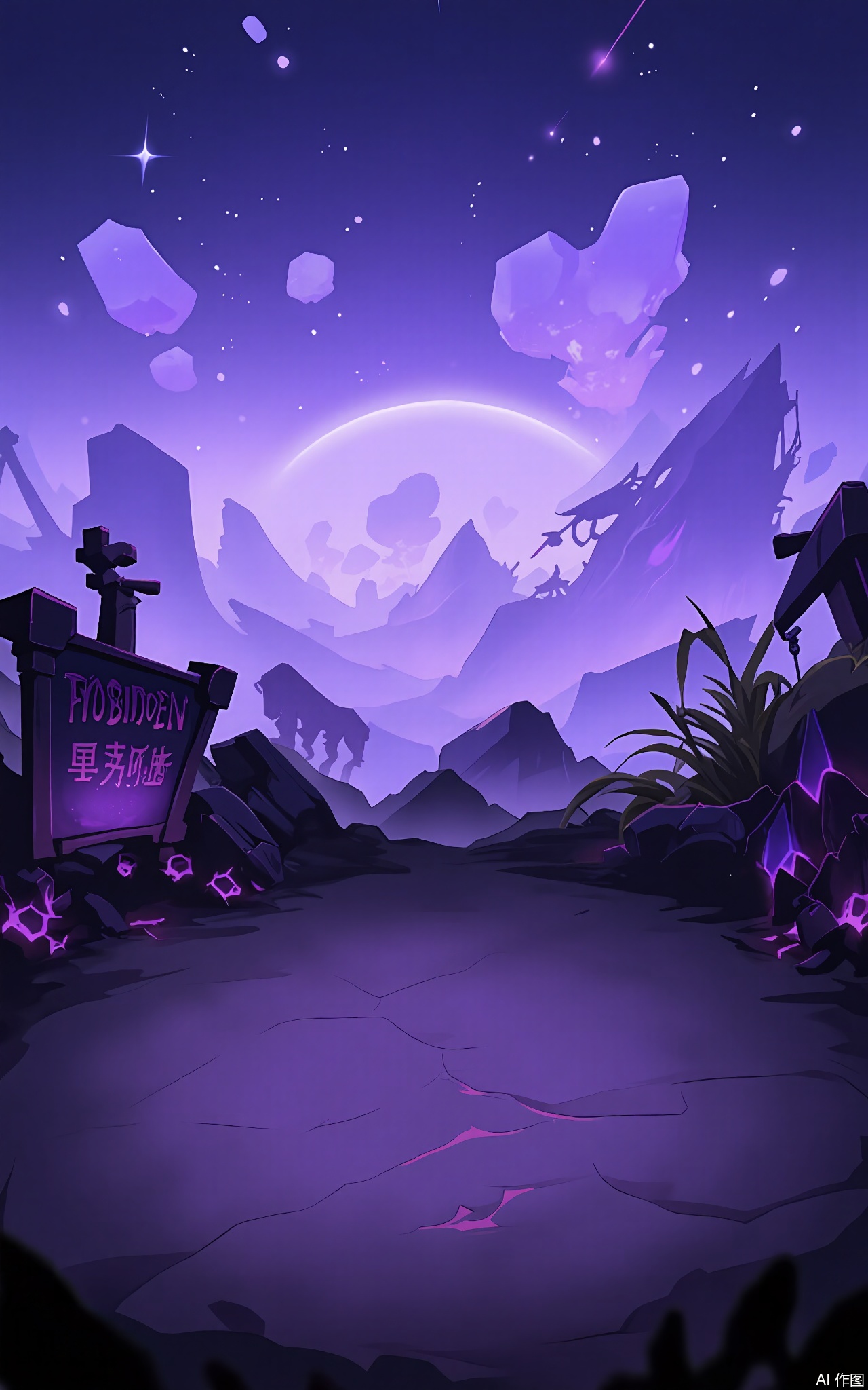 KTCJ, A digital cartoon illustration showcases an alien planet at night. Bioluminescent plants light up the landscape, and strange, floating rocks hover in the sky. The foreground displays a rocky terrain with glowing crystals embedded in the ground. Alien fossils and broken spacecraft parts are scattered around, and a large sign with "FORBIDDEN ZONE" written in an alien language stands on a pedestal. The sky is a deep purple, with stars twinkling brightly. The mood is otherworldly and mysterious.
