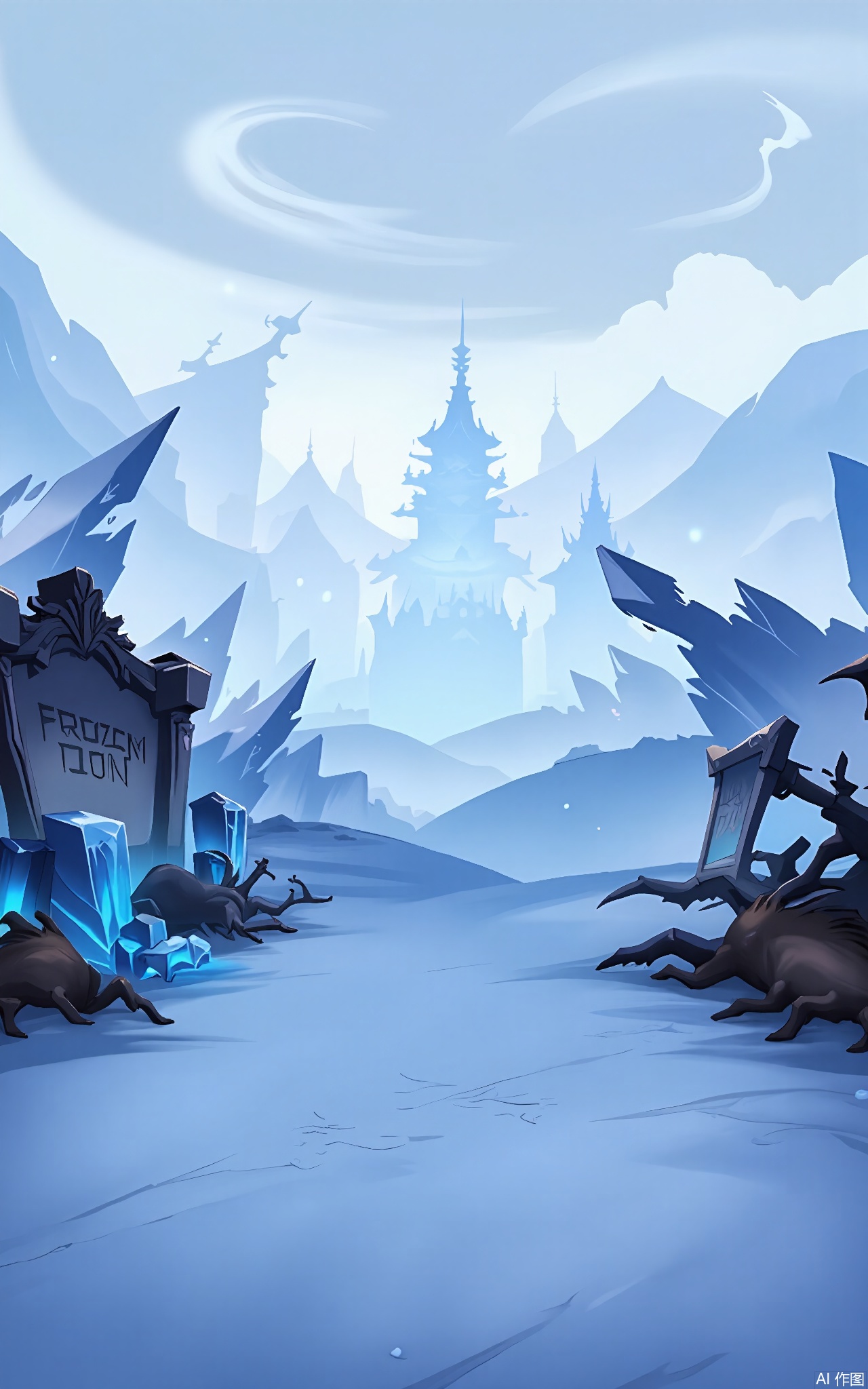 KTCJ, A digital cartoon illustration depicts a frozen tundra at dusk. A massive ice fortress with towering spires looms in the distance. The foreground shows a snowy path lit by glowing blue crystals embedded in the ice. Broken ice shards and frozen animal carcasses are scattered around, and a large sign with "FROZEN DOOM" etched into it stands nearby. The sky is a pale blue-white, with swirling snow clouds. The atmosphere is icy and desolate.
