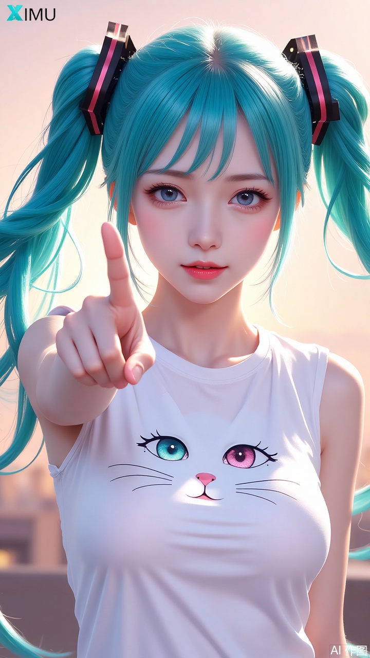 A digital painting of Hatsune Miku, an anime character, pointing forward. She has teal twin-tails, one tied with a black bow, and heterochromatic eyes—one blue, one pink. Dressed in a sleeveless white T-shirt with a cat face design, she features a prominent bust. The background is a soft, blurred light source resembling a sunset. The art style is clean and dynamic, highlighting Miku's expressive eyes and playful demeanor. The overall aesthetic blends modern anime with subtle realism in light and shadow effects, creating a lively yet polished visual experience.the words "XIMU" at the top. CG美女.