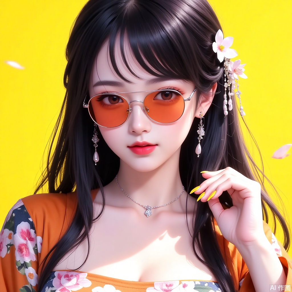1girl, solo, long hair, looking at viewer, black hair, hair ornament, red eyes, holding, jewelry, jacket, upper body, flower, earrings, hand up, hair flower, lips, makeup, chinese clothes, floral print, sunglasses, white flower, lipstick, yellow background, red lips, tinted eyewear, yellow nails, flower earrings, orange-tinted eyewear,CG美女