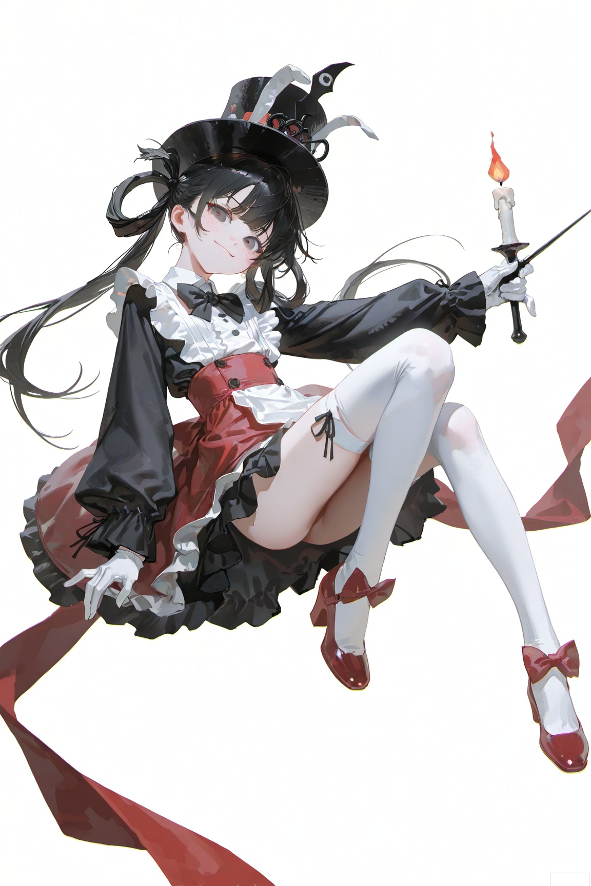 masterpiece,very aware,highres,absurdres,newest,best quality,loli,petite,high quality,chromatic_aberration,//,1girl, solo, long hair, looking at viewer, smile, bangs, skirt, simple background, black hair, thighhighs, gloves, hat, white background, dress, bow, holding, twintails, very long hair, full body, frills, white gloves, white thighhighs, black headwear, red footwear, hair rings, top hat, wand, candle, holding wand,newest,masterpiece,best quality,very aesthetic,highres,highres,absurdres,//,//,(artist:ningen_mame:0.7),(artist:reoen:0.85),(nababa:0.3),(wanke:0.4),(modare:0.6),(wlop:0.6),(rei_(sanbonzakura):0.4),//,