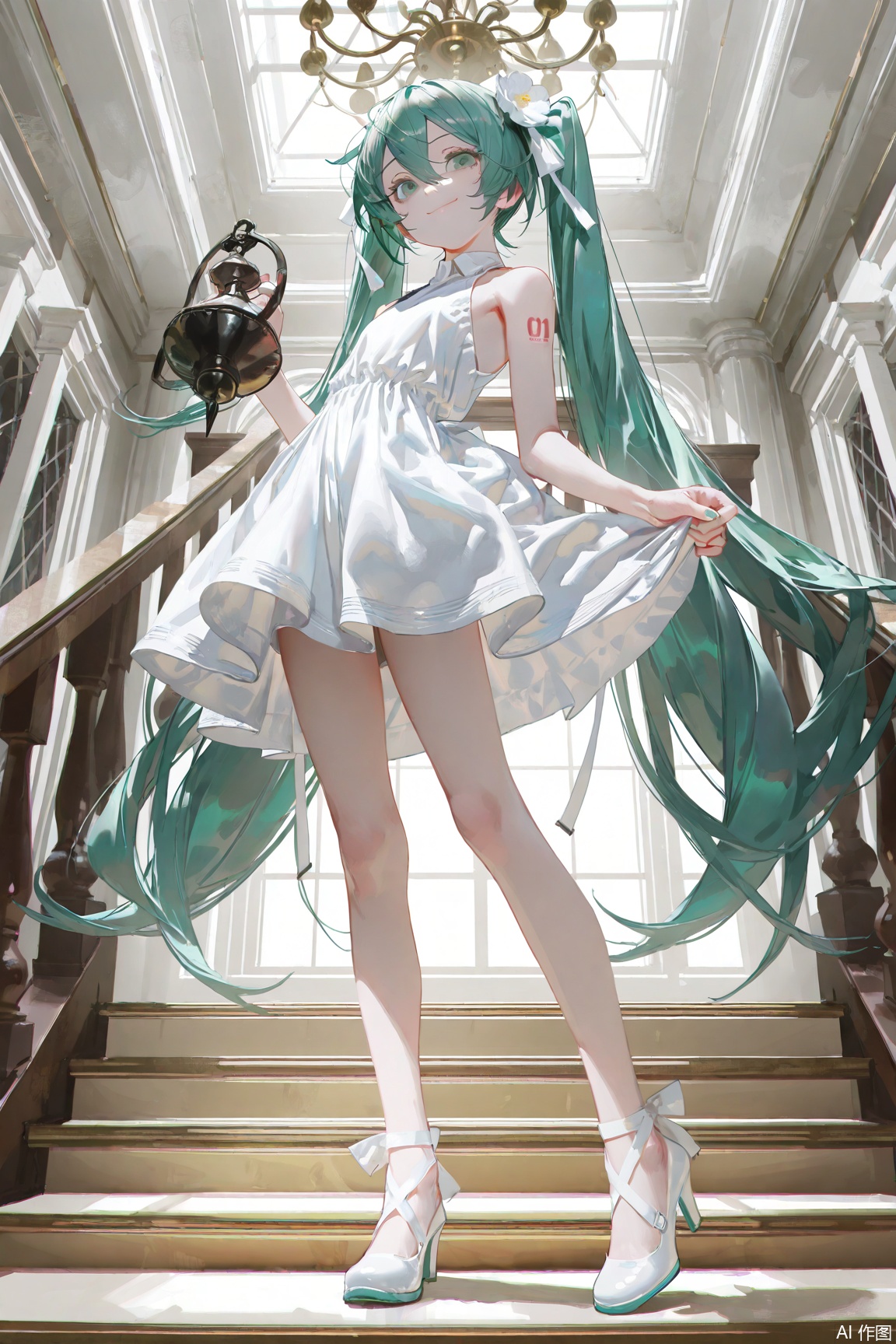 masterpiece,very aware,highres,absurdres,newest,best quality,loli,petite,high quality,chromatic_aberration,//,1girl, solo, long hair, looking at viewer, smile, bangs, hair ornament, dress, bow, ribbon, holding, hair between eyes, bare shoulders, twintails, very long hair, closed mouth, green eyes, standing, full body, flower, green hair, sleeveless, indoors, hair flower, white dress, blurry, high heels, window, sleeveless dress, white footwear, white flower, white ribbon, stairs, copyright, chandelier, hatsune miku,newest,masterpiece,best quality,very aesthetic,highres,highres,absurdres,//,//,(artist:ningen_mame:0.7),(artist:reoen:0.85),(nababa:0.3),(wanke:0.4),(modare:0.6),(wlop:0.6),(rei_(sanbonzakura):0.4),//,detail background,Light and shadow