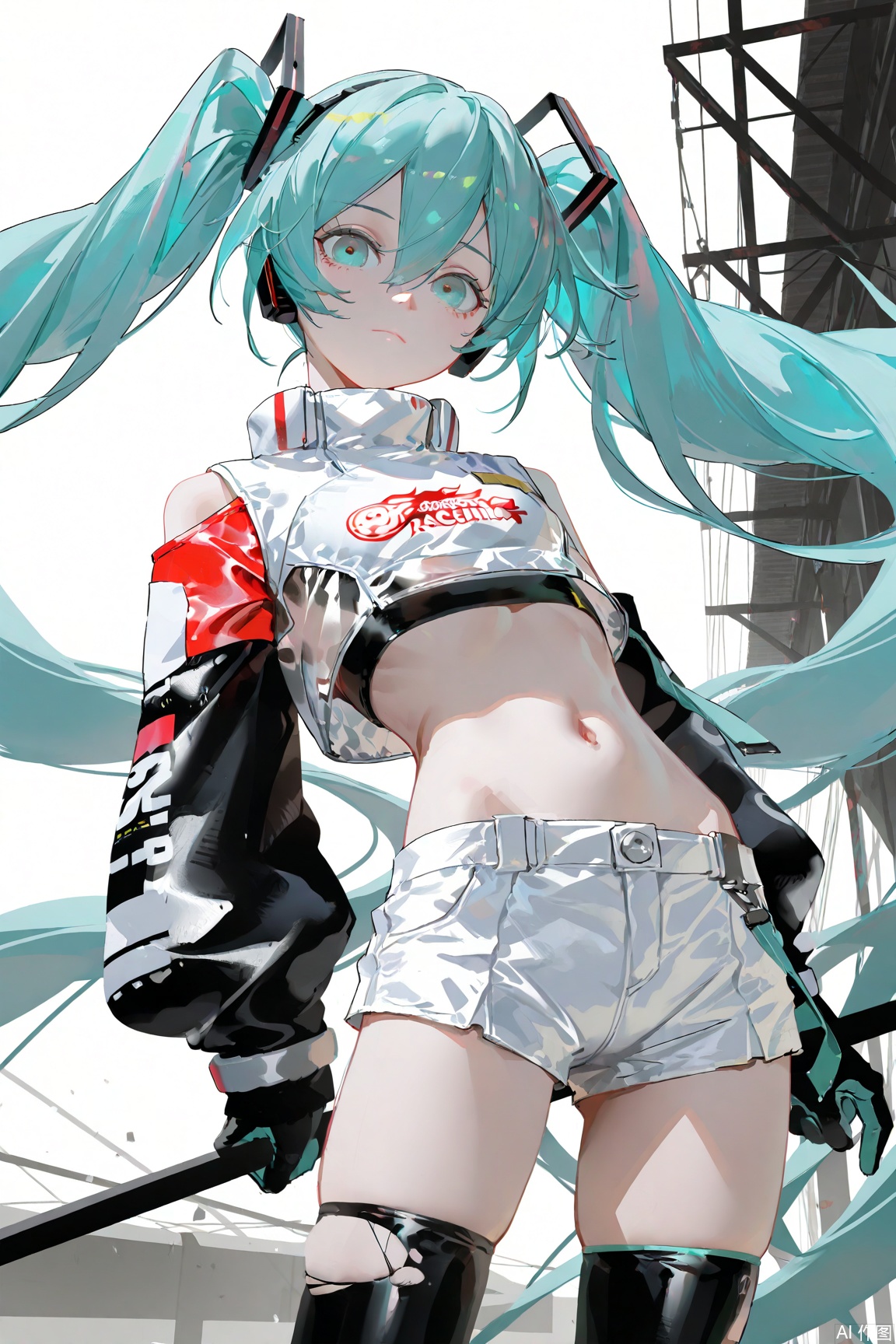 masterpiece,very aware,highres,absurdres,newest,best quality,loli,petite,high quality,chromatic_aberration,//,1girl, solo, long hair, looking at viewer, bangs, skirt, thighhighs, navel, hair between eyes, twintails, very long hair, closed mouth, multicolored hair, detached sleeves, shorts, midriff, aqua eyes, crop top, clothes, aqua hair, asymmetrical legwear, cropped jacket, white shorts, chromatic aberration, torn thighhighs, hatsune miku, racing miku,newest,masterpiece,best quality,very aesthetic,highres,highres,absurdres,//,//,(artist:ningen_mame:0.7),(artist:reoen:0.85),(nababa:0.3),(wanke:0.4),(modare:0.6),(wlop:0.6),(rei_(sanbonzakura):0.4),//,