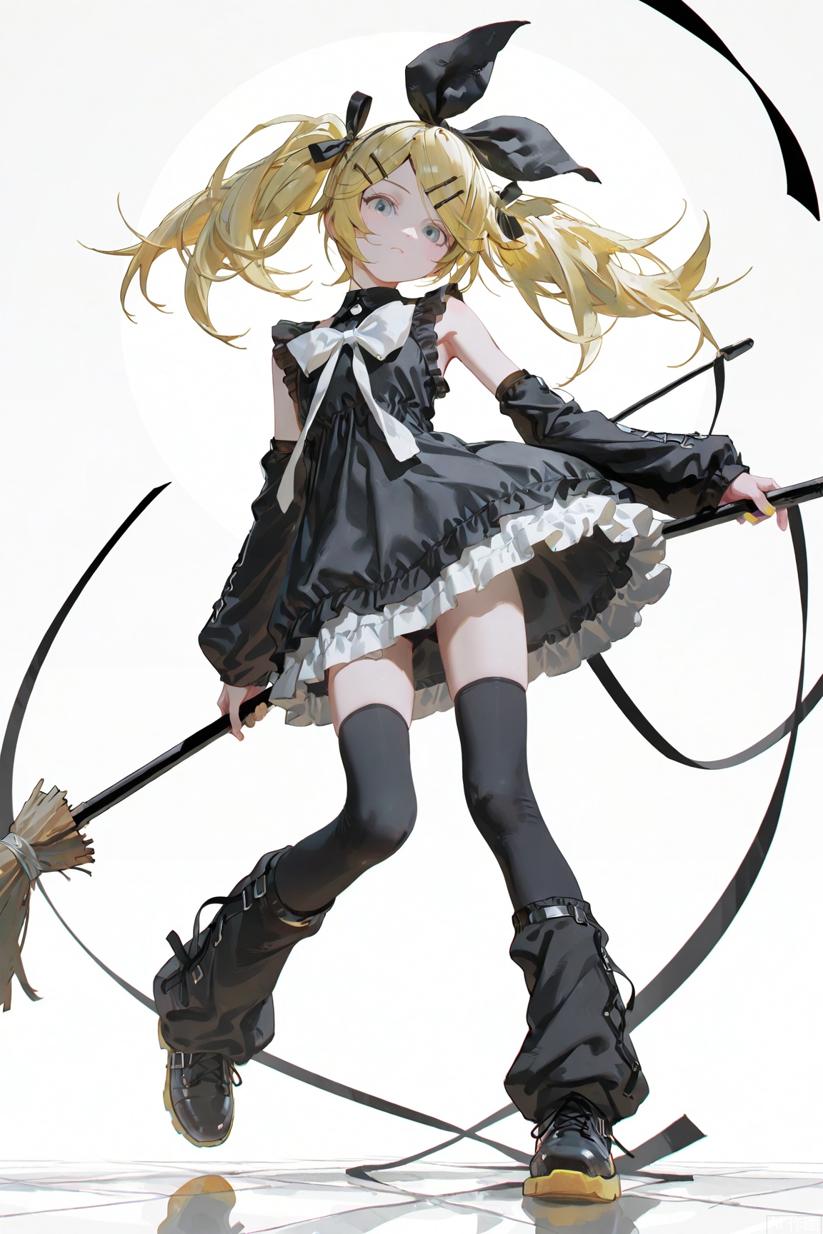masterpiece,very aware,highres,absurdres,newest,best quality,loli,petite,high quality,chromatic_aberration,//,1girl, solo, long hair, looking at viewer, bangs, blue eyes, blonde hair, hair ornament, thighhighs, dress, bow, ribbon, holding, twintails, full body, hair bow, boots, frills, detached sleeves, hairclip, black thighhighs, grey background, black dress, black bow, swept bangs, frilled dress, white bow, instrument, broom, holding instrument, leg warmers, kagamine rin,newest,masterpiece,best quality,very aesthetic,highres,highres,absurdres,//,//,(artist:ningen_mame:0.7),(artist:reoen:0.85),(nababa:0.3),(wanke:0.4),(modare:0.6),(wlop:0.6),(rei_(sanbonzakura):0.4),//,