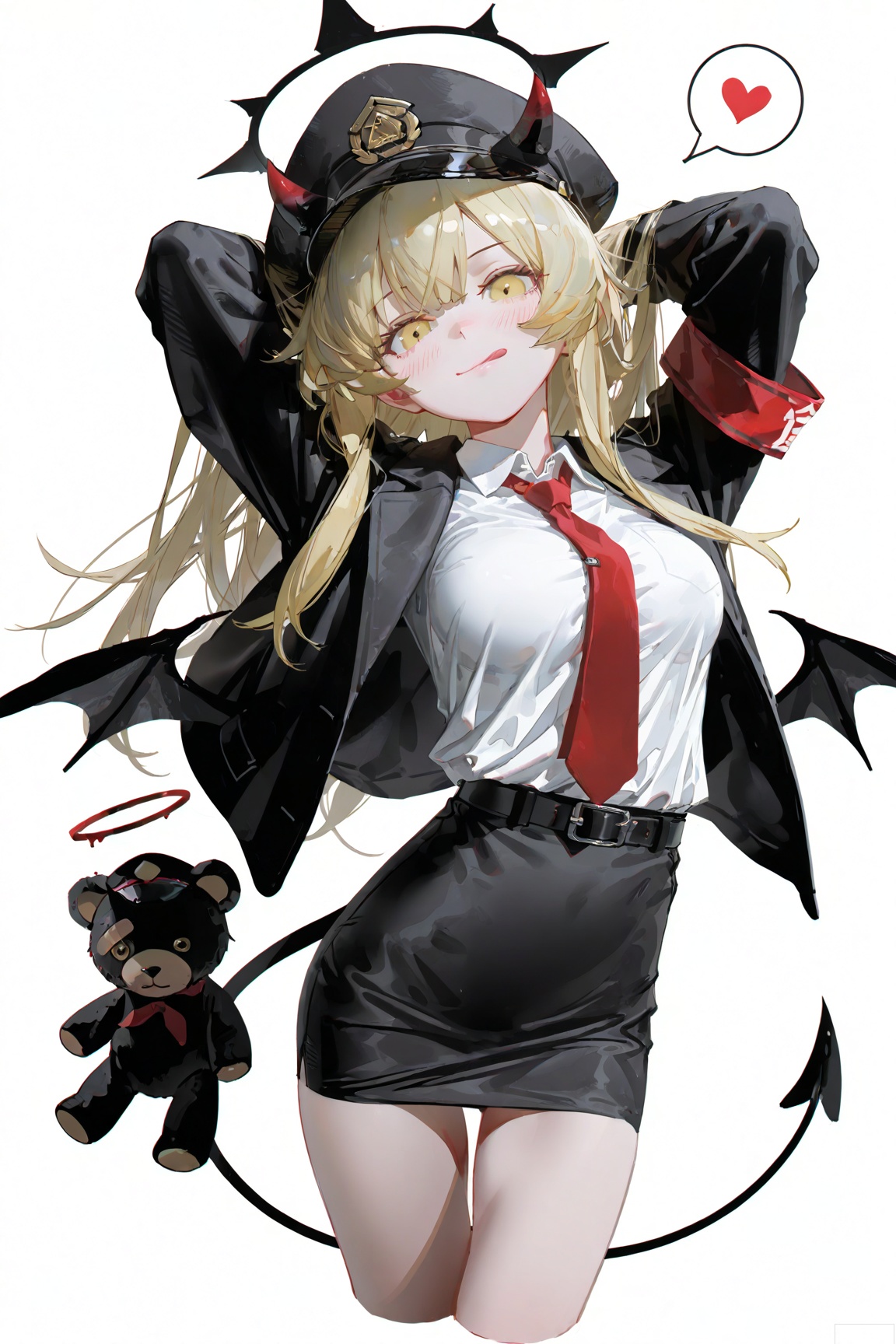 masterpiece,very aware,highres,absurdres,newest,best quality,loli,petite,high quality,chromatic_aberration,//,1girl, solo, long hair, breasts, looking at viewer, blush, smile, bangs, skirt, blonde hair, large breasts, simple background, shirt, long sleeves, hat, white background, closed mouth, jacket, tail, yellow eyes, white shirt, heart, thighs, cowboy shot, open clothes, wings, necktie, horns, tongue, collared shirt, belt, tongue out, miniskirt, black skirt, bag, arms up, open jacket, coat, black jacket, black headwear, halo, stuffed toy, stuffed animal, red necktie, demon horns, demon tail, armband, peaked cap, spoken heart, cropped legs, pencil skirt, demon wings, :q, teddy bear, shirt tucked in,newest,masterpiece,best quality,very aesthetic,highres,highres,absurdres,//,//,(artist:ningen_mame:0.7),(artist:reoen:0.85),(nababa:0.3),(wanke:0.4),(modare:0.6),(wlop:0.6),(rei_(sanbonzakura):0.4),//,