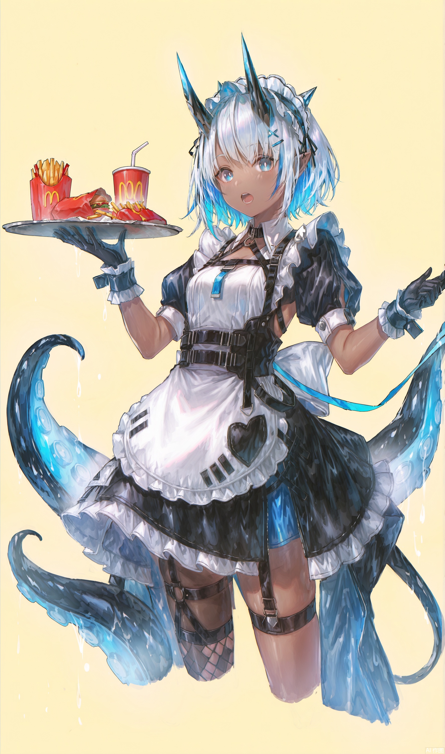  1girl, solo, looking at viewer, short hair, open mouth, blue eyes, simple background, hair ornament, thighhighs, gloves, dress, holding, blue hair, tail, white hair, short sleeves, multicolored hair, frills, food, horns, pointy ears, black gloves, hairclip, puffy sleeves, dark skin, apron, collar, two-tone hair, dark-skinned female, cup, puffy short sleeves, wrist cuffs, maid, maid headdress, colored skin, garter straps, monster girl, single thighhigh, fishnets, yellow background, tentacles, cropped legs, tray, oni horns, drinking straw, colored inner hair, holding tray, fishnet thighhighs, burger, french fries