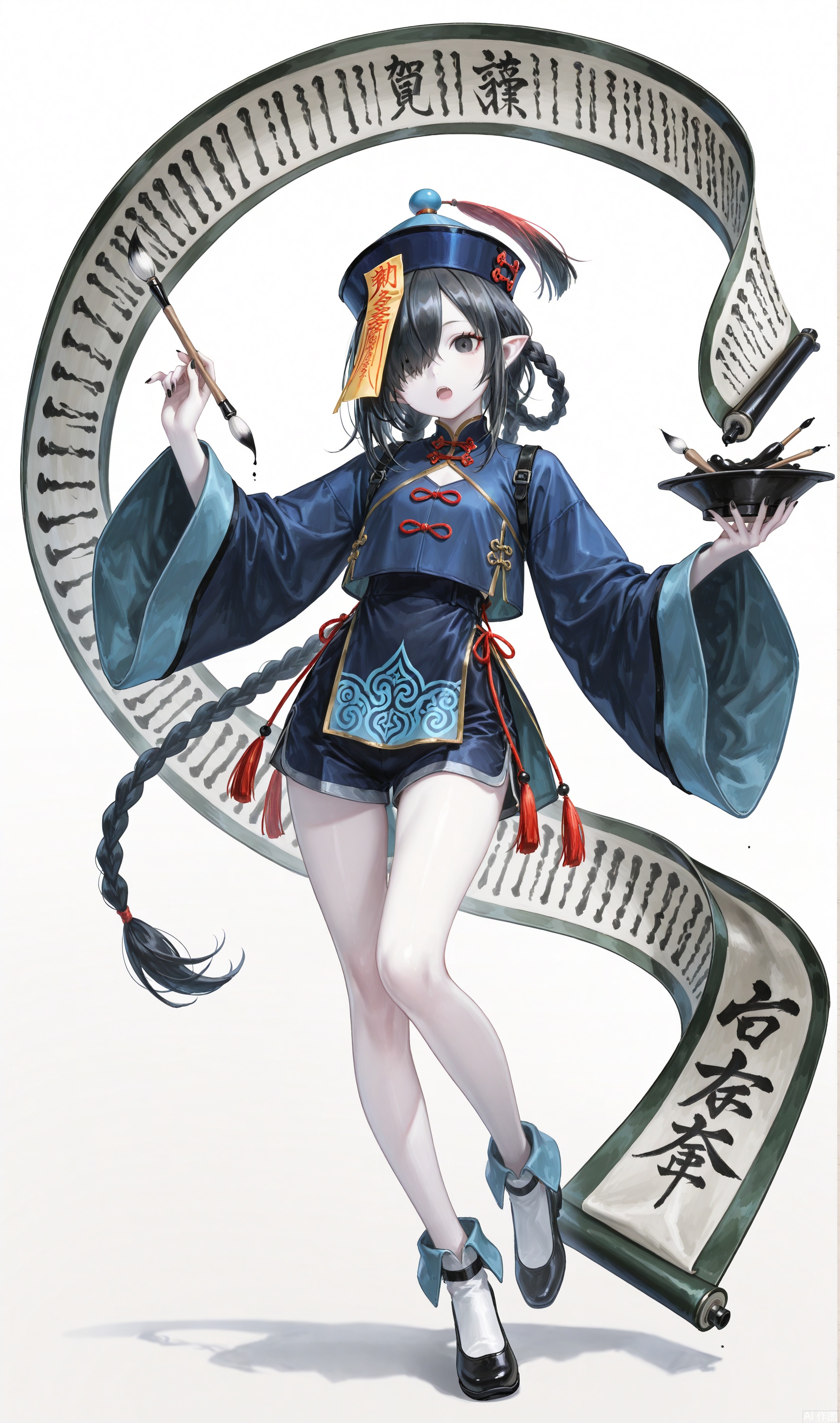 1girl, solo, long hair, looking at viewer, open mouth, simple background, black hair, long sleeves, hat, white background, holding, very long hair, full body, braid, shorts, pointy ears, wide sleeves, hair over one eye, black eyes, pale skin, blue headwear, paintbrush, scroll, jiangshi, calligraphy brush, talisman, holding paintbrush, holding brush,traditional media, shadow,