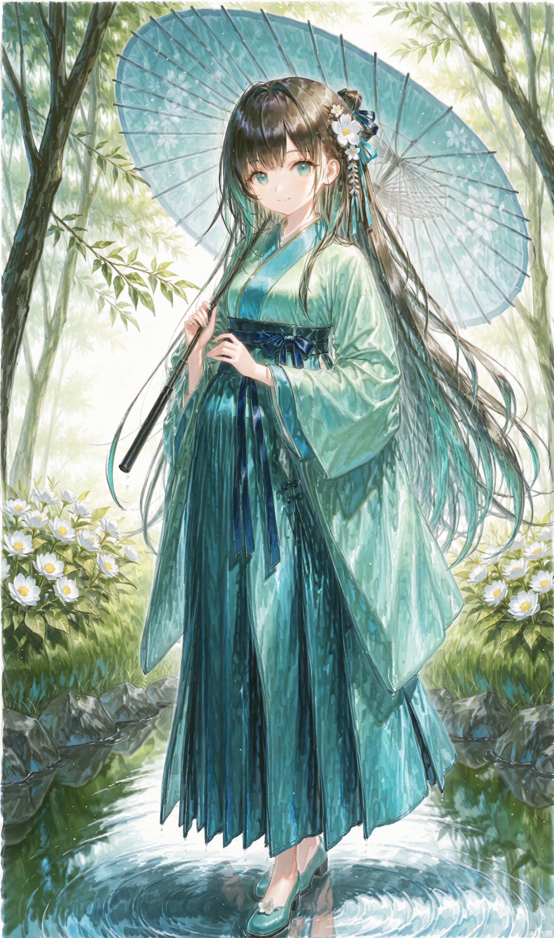 traditional media, shadow,
1girl, solo, long hair, looking at viewer, smile, bangs, brown hair, black hair, hair ornament, long sleeves, ribbon, holding, very long hair, closed mouth, standing, full body, hair ribbon, flower, multicolored hair, outdoors, hair flower, wide sleeves, water, aqua eyes, tree, aqua hair, umbrella, chinese clothes, white flower, holding umbrella, oil-paper umbrella, hanfu