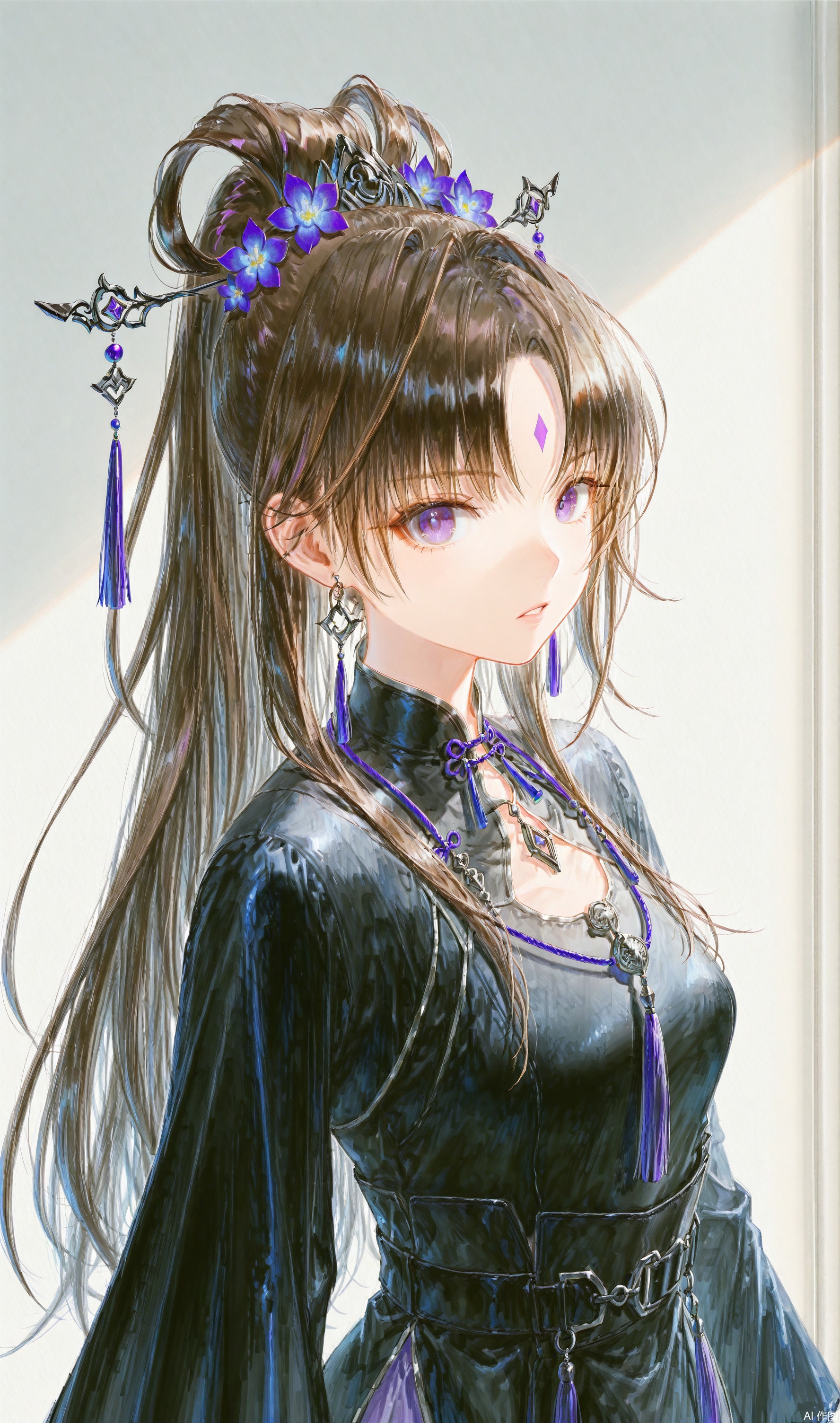 traditional media, shadow,
1girl, solo, long hair, looking at viewer, brown hair, hair ornament, long sleeves, dress, jewelry, purple eyes, upper body, ponytail, flower, earrings, hair flower, facial mark, chinese clothes, forehead mark