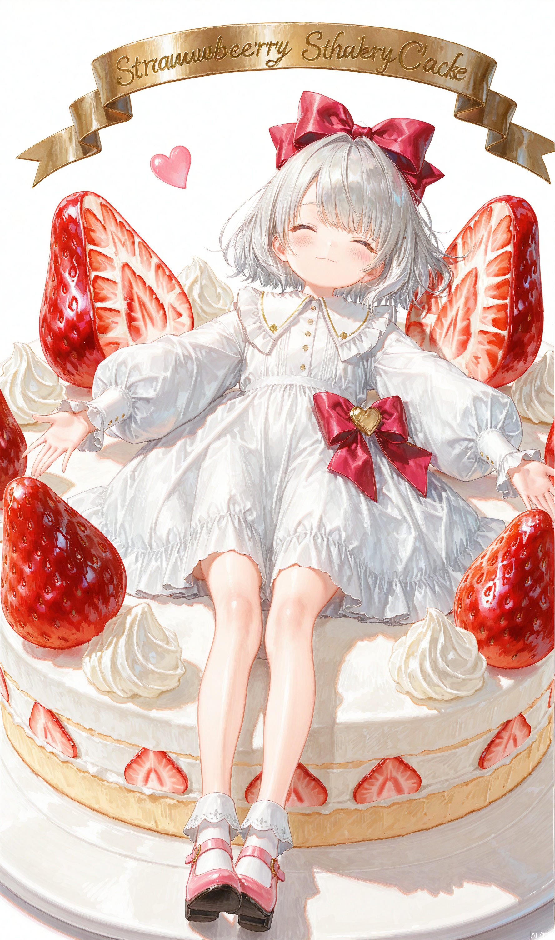 traditional media, shadow,
1girl, solo, blush, smile, short hair, bangs, long sleeves, white background, dress, bow, closed mouth, closed eyes, white hair, hair bow, grey hair, heart, frills, food, shoes, puffy sleeves, on back, white dress, red bow, english text, fruit, outstretched arms, puffy long sleeves, cake, minigirl, strawberry, pink footwear, strawberry shortcake, oversized food
