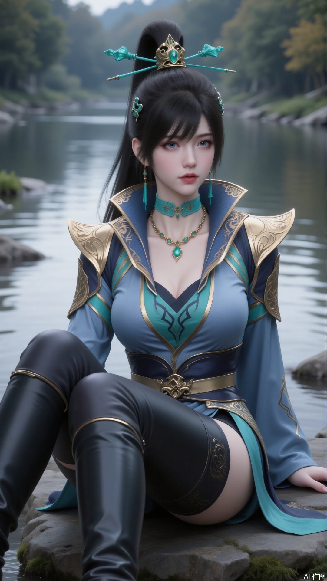 A girl is sitting on a stone by the river. She has a high ponytail and bangs. Delicate turquoise hair accessories are interspersed among her hair. She is wearing a dress. The neckline is in a unique style, and there are broad decorative shoulder plates on her shoulders. It has a blue and gold color scheme, with blue as the main color and gold outlining the edges and patterns, looking gorgeous and showing her status. She has blue eyes. There is a turquoise choker around her neck with exquisite patterns on it. The necklace has a unique shape, with a golden chain matched with emeralds. Her earrings are simple turquoise long pendants. She is wearing leather pants and long boots.