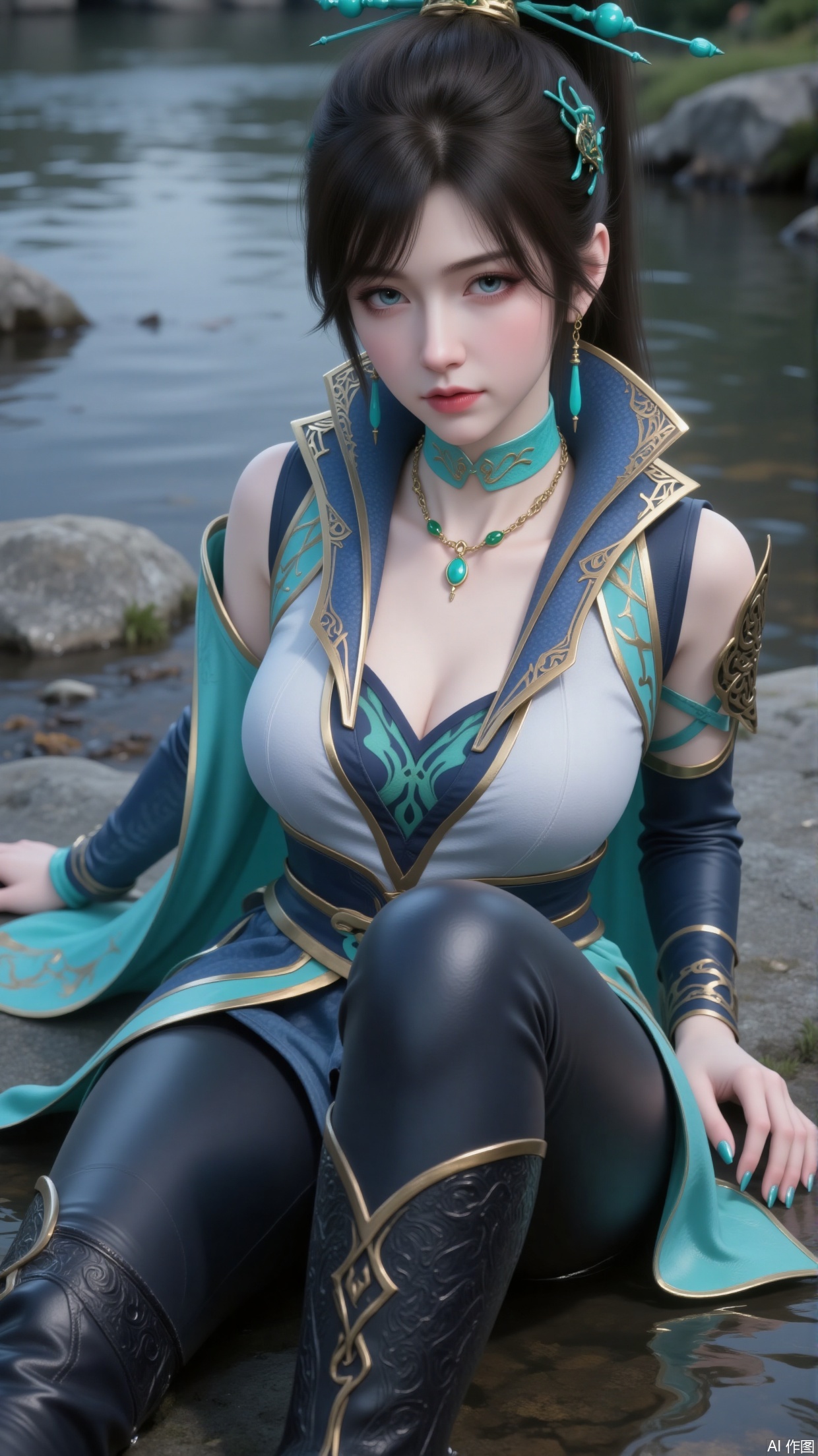 A girl is sitting on a stone by the river. She has a high ponytail and bangs. Delicate turquoise hair accessories are interspersed among her hair. She is wearing a dress. The neckline is in a unique style, and there are broad decorative shoulder plates on her shoulders. It has a blue and gold color scheme, with blue as the main color and gold outlining the edges and patterns, looking gorgeous and showing her status. She has blue eyes. There is a turquoise choker around her neck with exquisite patterns on it. The necklace has a unique shape, with a golden chain matched with emeralds. Her earrings are simple turquoise long pendants. She is wearing leather pants and long boots.