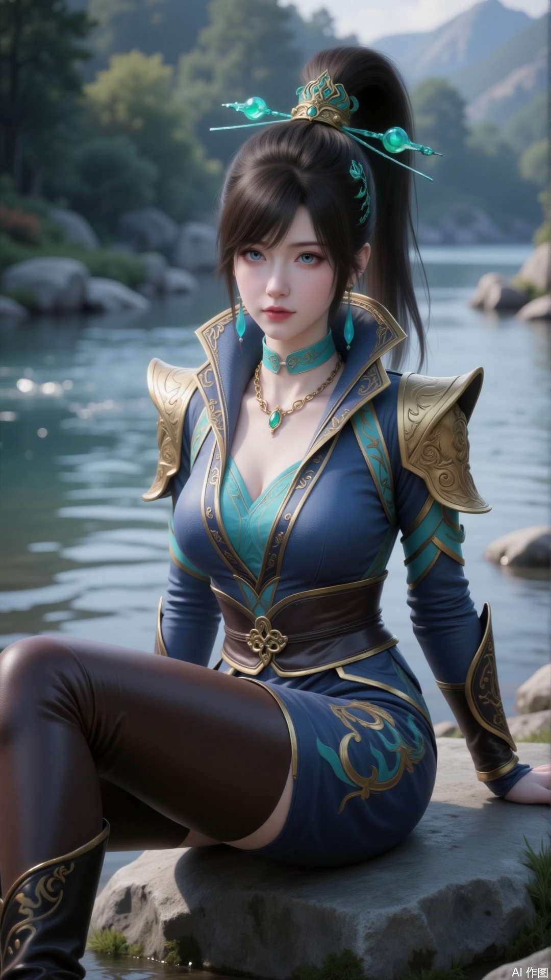 A girl is sitting on a stone by the river. She has a high ponytail and bangs. Delicate turquoise hair accessories are interspersed among her hair. She is wearing a dress. The neckline is in a unique style, and there are broad decorative shoulder plates on her shoulders. It has a blue and gold color scheme, with blue as the main color and gold outlining the edges and patterns, looking gorgeous and showing her status. She has blue eyes. There is a turquoise choker around her neck with exquisite patterns on it. The necklace has a unique shape, with a golden chain matched with emeralds. Her earrings are simple turquoise long pendants. She is wearing leather pants and long boots.