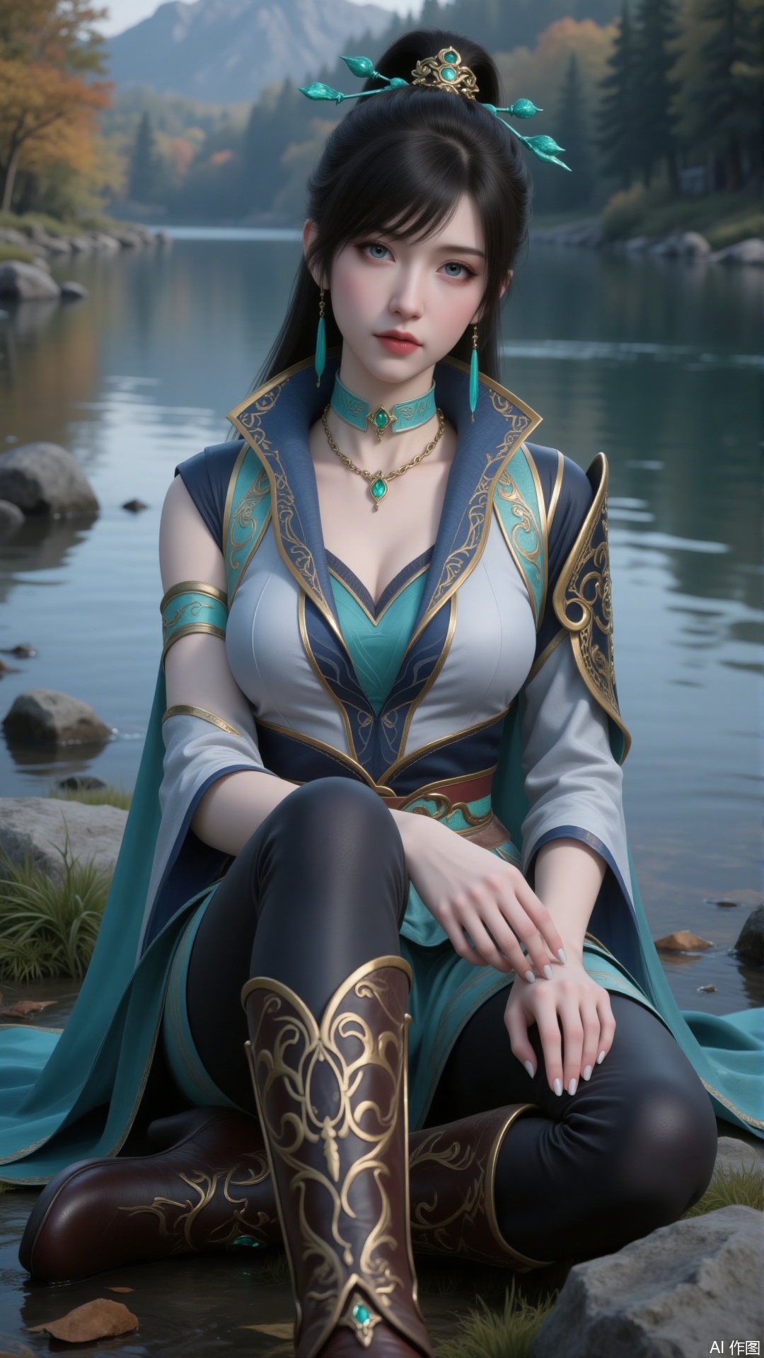 A girl is sitting on a stone by the river. She has a high ponytail and bangs. Delicate turquoise hair accessories are interspersed among her hair. She is wearing a dress. The neckline is in a unique style, and there are broad decorative shoulder plates on her shoulders. It has a blue and gold color scheme, with blue as the main color and gold outlining the edges and patterns, looking gorgeous and showing her status. She has blue eyes. There is a turquoise choker around her neck with exquisite patterns on it. The necklace has a unique shape, with a golden chain matched with emeralds. Her earrings are simple turquoise long pendants. She is wearing leather pants and long boots.