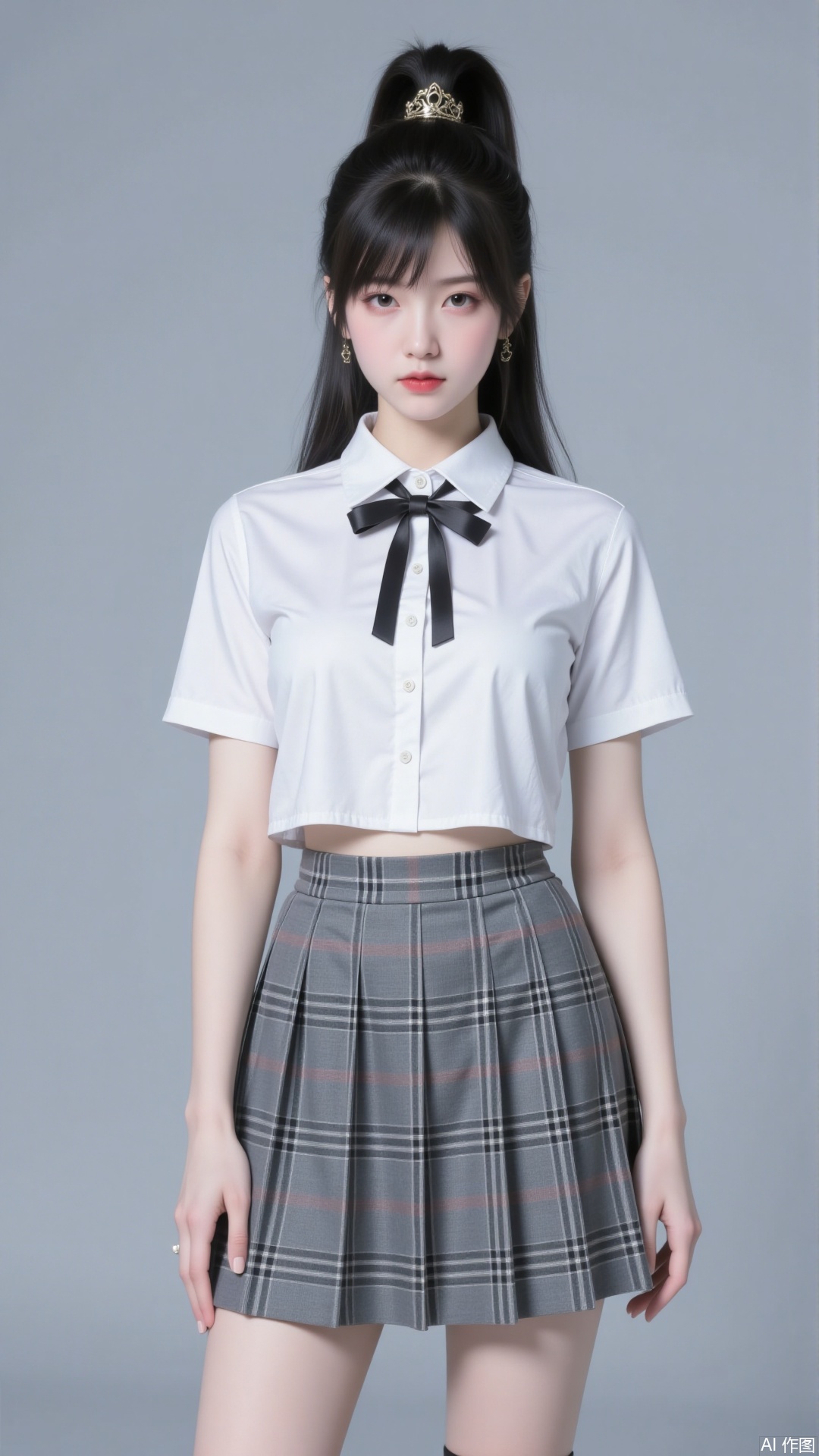 A girl in a classic JK uniform set. She has a high ponytail, bangs, black hair, and blue eyes. The upper body is a short - sleeved white cropped shirt with a simple small square neckline, paired with a black bow tie at the neckline, adding a youthful and playful touch. The lower body is a gray plaid pleated skirt. The plaid is interwoven with black, white, and gray lines, presenting a neat and regular visual effect. It is matched with black mid - calf socks. The overall style is youthful and campus - like. The background is a simple pure gray color, highlighting the wearing subject. The light is uniform and soft, clearly showing the texture and version of the clothing.