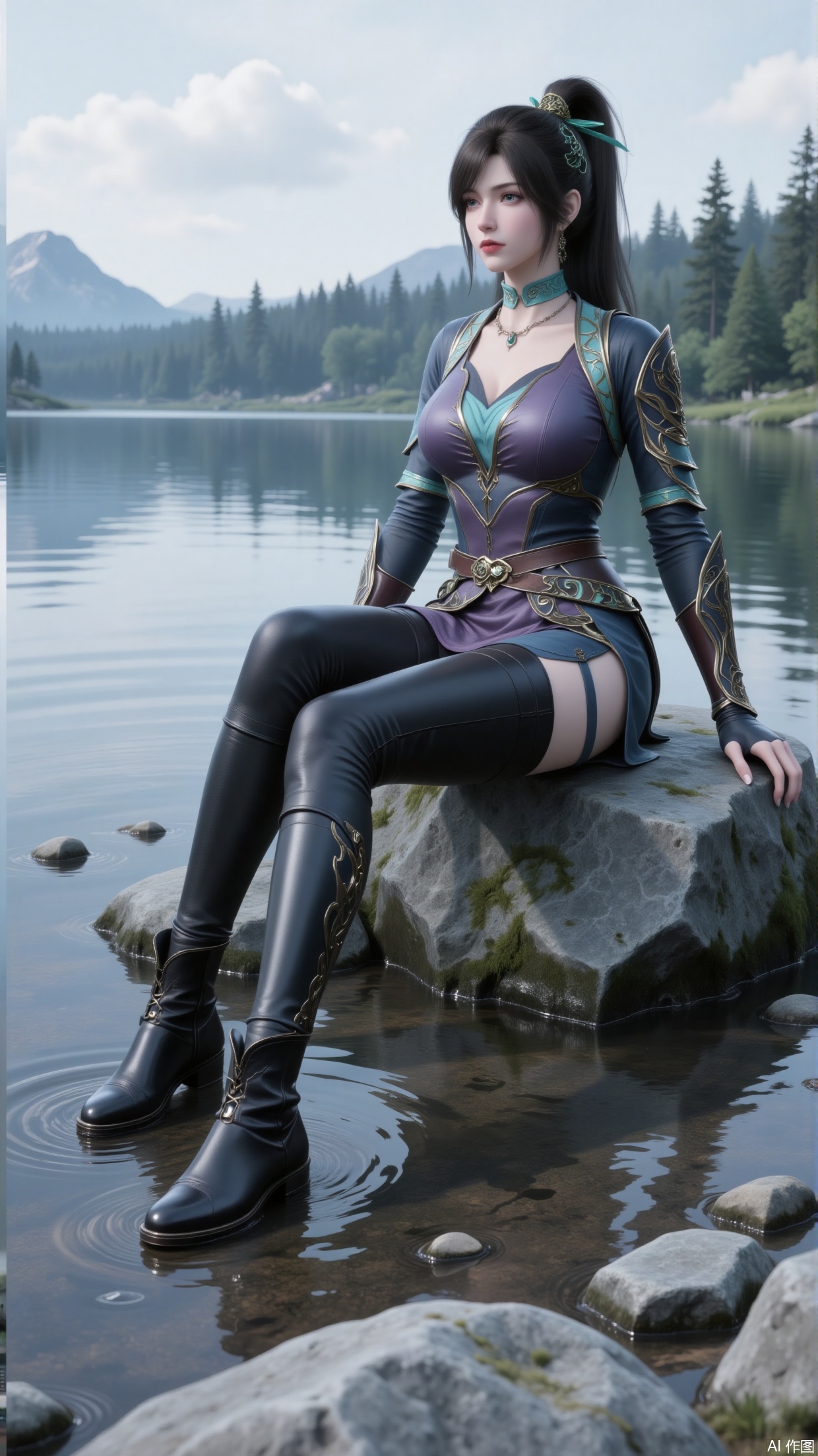 1 girl sitting on a rock by the lake. High ponytail. Wearing a dress. Tight leather pants. Long boots. Armor.