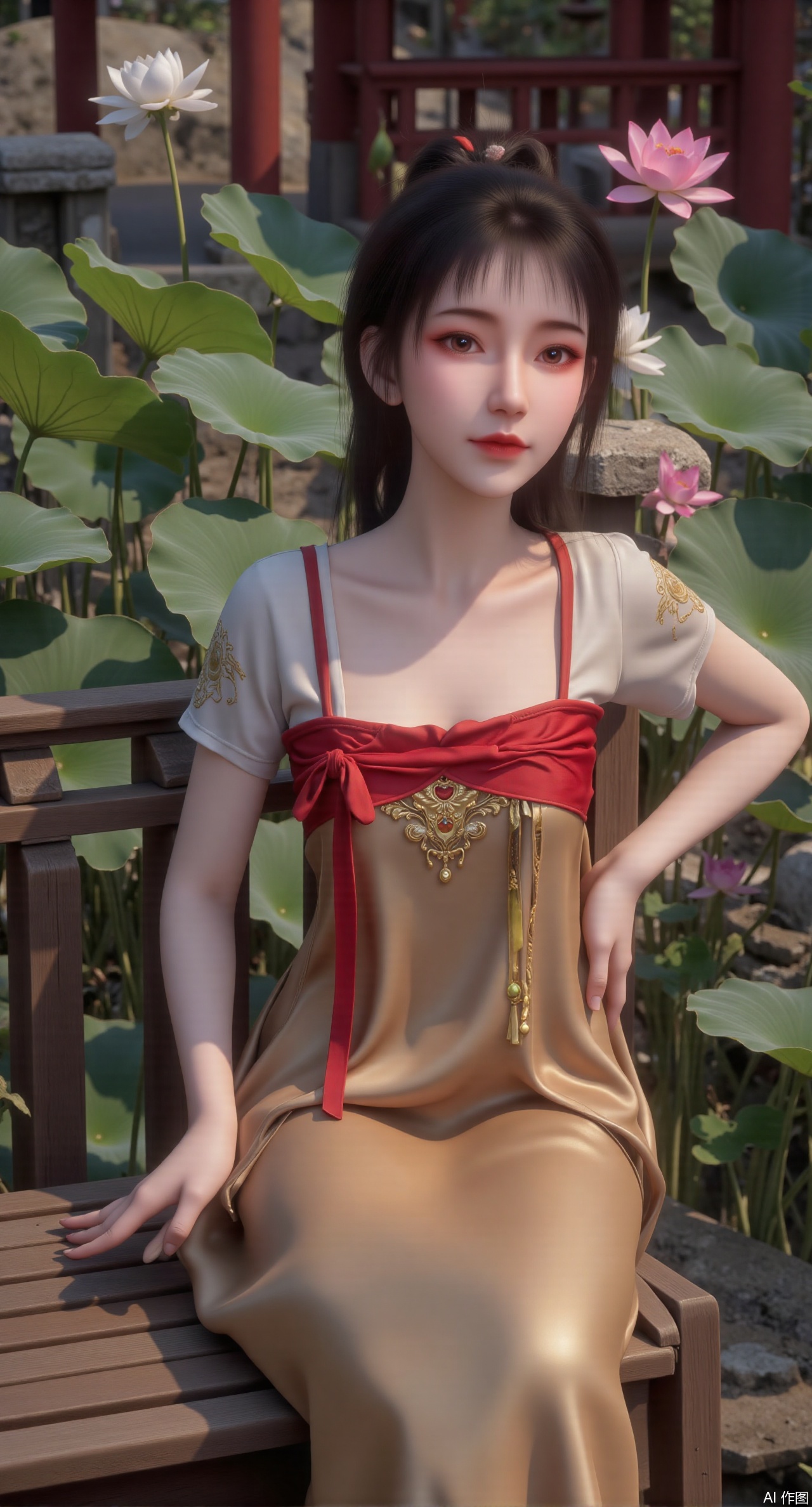 (masterpiece:1.2),best quality,,(UE5.5,rendered with Unreal Engine 5,Unreal Engine 5,CG rendering:1.1),The image is a digital illustration of a young woman sitting on a wooden bench in a pond with lily pads. She is wearing a long dress with design on the chest and sleeves. The dress has a high neckline and short sleeves,Holding a lotus in hand. She has long dark hair styled in loose waves and is wearing gold high heels. The woman is posing with one hand on her hip and the other resting on the edge of the bench. The background is filled with pink and white lotus flowers and green leaves. The overall mood of the image is peaceful and serene,(huge breasts:2.99),(full breasts:2.99),(Background with traditional Chinese architecture, lotus pond and pink lotus flowers:1.39),,Xmupeiling,XsongyuYK,XqiyueFHK,XheguangzhefandiYK,XxiaobaiNZYK,XlimuwanJCBYK,XmeijiK,XzhouruK,Xjinniang,Xliangpianqun,Xyinggou,Xfeitianwunv,XnangongxierK