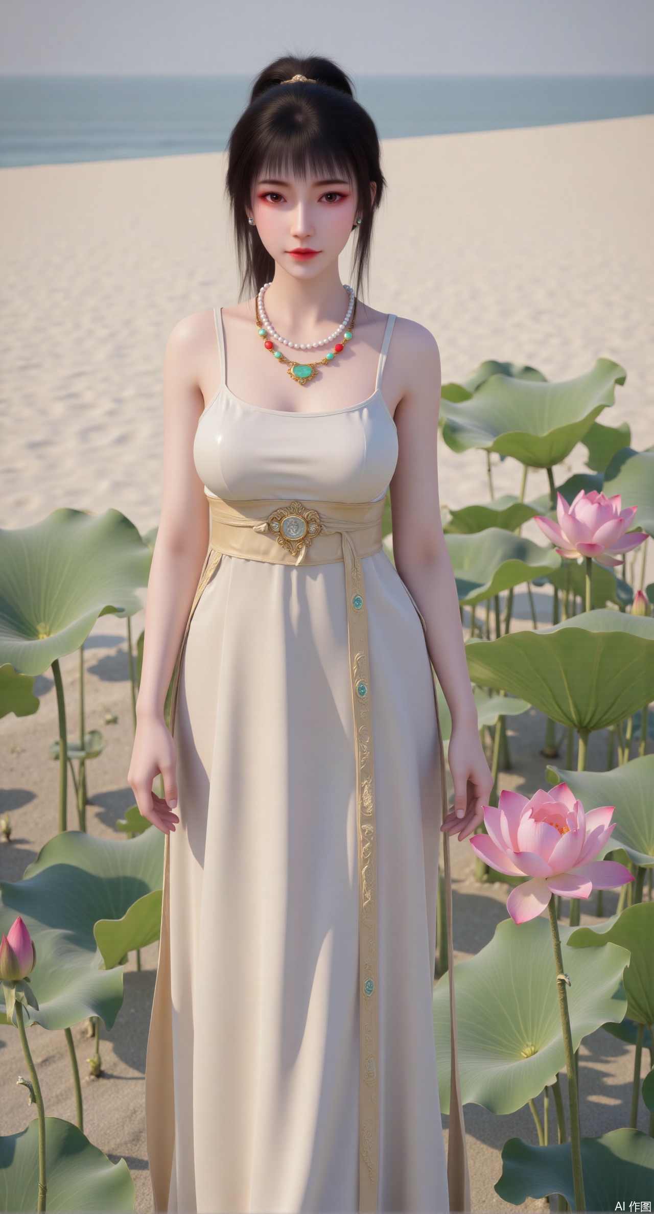 (masterpiece:1.2),best quality,(UE5.5,rendered with Unreal Engine 5,Unreal Engine 5,CG rendering:1.1),original,extremely detailed wallpaper,perfect lighting,1girl,solo,standing,(huge breasts:2.69),(full breasts:2.59),,looking at viewer,(cowboy_shot:1.1),long hair,high heels,blurry background,depth of field,motion blur,long dress,china_dress,chinese_style,bare shouders,crystal_earrings,headpiece,hair_tie,chest_jewel,gem,necklace,jewelry,in summer,day,outdoors,nature,sea,(rose,beach:1.49),(huge breasts:2.99),(full breasts:2.99),,(Background with lotus pond and pink lotus flowers:1.39),,Xmupeiling,XsongyuYK,XqiyueFHK,XheguangzhefandiYK,XxiaobaiNZYK,XlimuwanJCBYK,XmeijiK,XzhouruK,Xjinniang,Xliangpianqun,Xyinggou,Xfeitianwunv,XnangongxierK