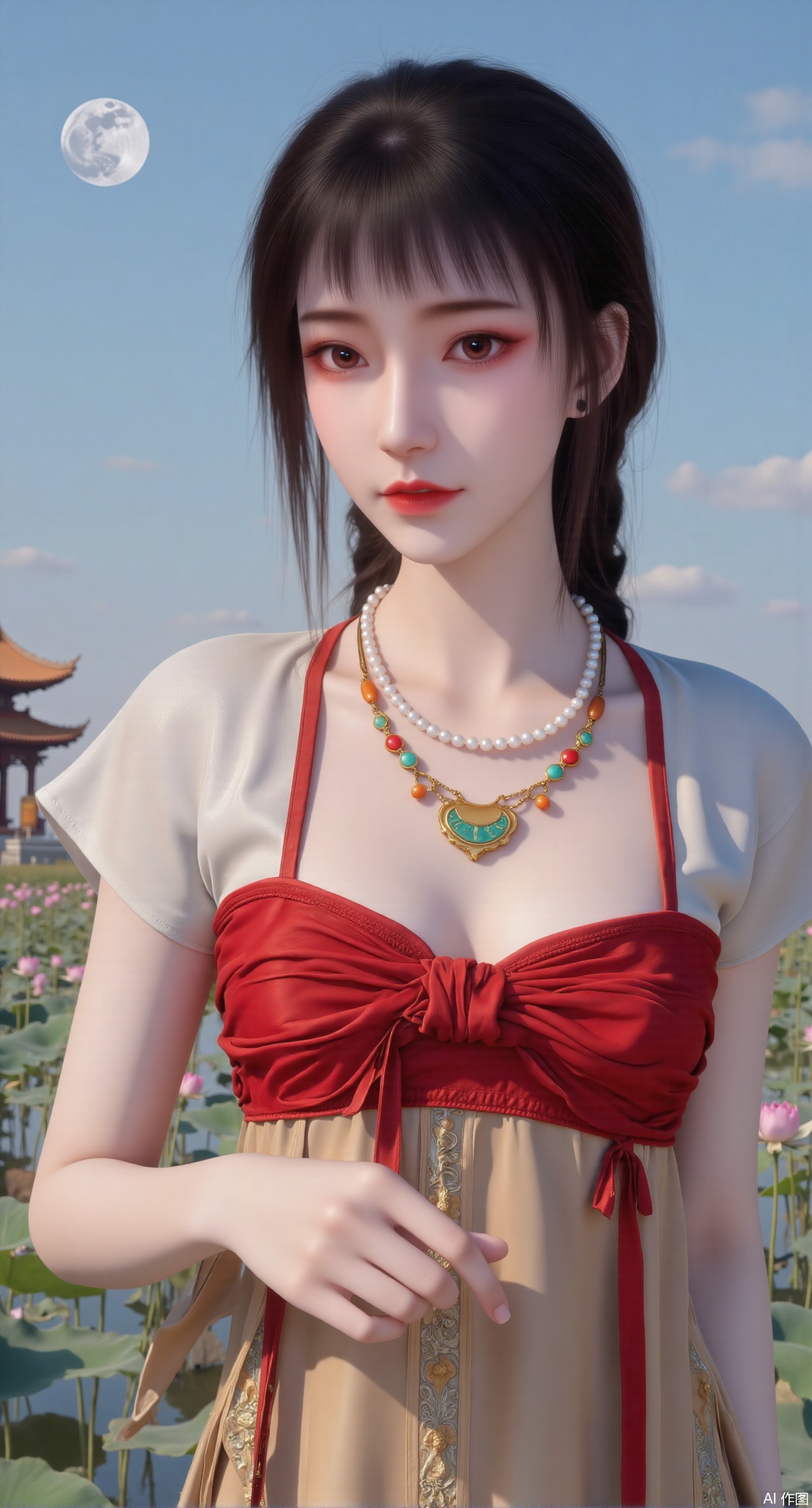 (masterpiece, best quality:1.2),1girl, navel, solo, midriff, bare shoulders, hair ornament,(long hair),(High double ponytail:1.49), red lips, BREAK, (looking at viewer:1.39), chinese clothes,(long dress:1.36), (lace:1.28), BREAK,blurry, solo focus, long hair, lips, daytime, lipstick, outdoors, standing,upper body,(huge breasts:2.99), (full breasts:2.99),background, solo, makeup,Xyunxiao,(Lotus,Water Lily,Blue sky,full moon:1.39),(Lotus pond,ancient Chinese architecture:1.39),Xmupeiling,XsongyuYK,XqiyueFHK,XheguangzhefandiYK,XxiaobaiNZYK,XlimuwanJCBYK,XmeijiK,XzhouruK,Xjinniang,Xliangpianqun,Xyinggou,Xfeitianwunv,XnangongxierK