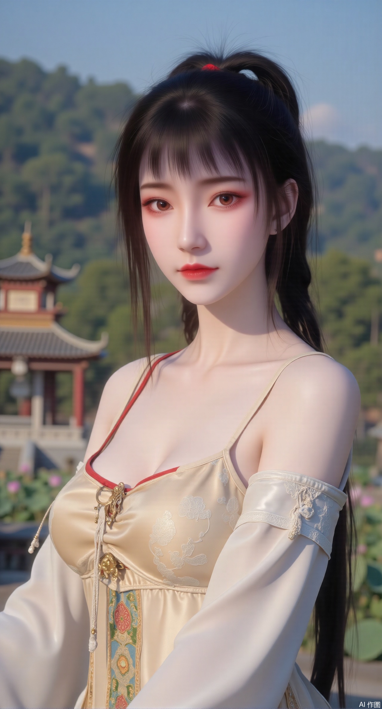 (masterpiece, best quality:1.2),1girl, navel, solo, midriff, bare shoulders, hair ornament,(long hair),(High double ponytail:1.49), red lips, BREAK, (looking at viewer:1.39), chinese clothes,(long dress:1.36), (lace:1.28), BREAK,blurry, solo focus, long hair, lips, daytime, lipstick, outdoors, standing,upper body,(huge breasts:2.99), (full breasts:2.99),background, solo, makeup,Xyunxiao,(Lotus,Water Lily,Blue sky,full moon:1.39),(Lotus pond,ancient Chinese architecture:1.39),Xmupeiling,XsongyuYK,XqiyueFHK,XheguangzhefandiYK,XxiaobaiNZYK,XlimuwanJCBYK,XmeijiK,XzhouruK,Xjinniang,Xliangpianqun,Xyinggou,Xfeitianwunv,XnangongxierK