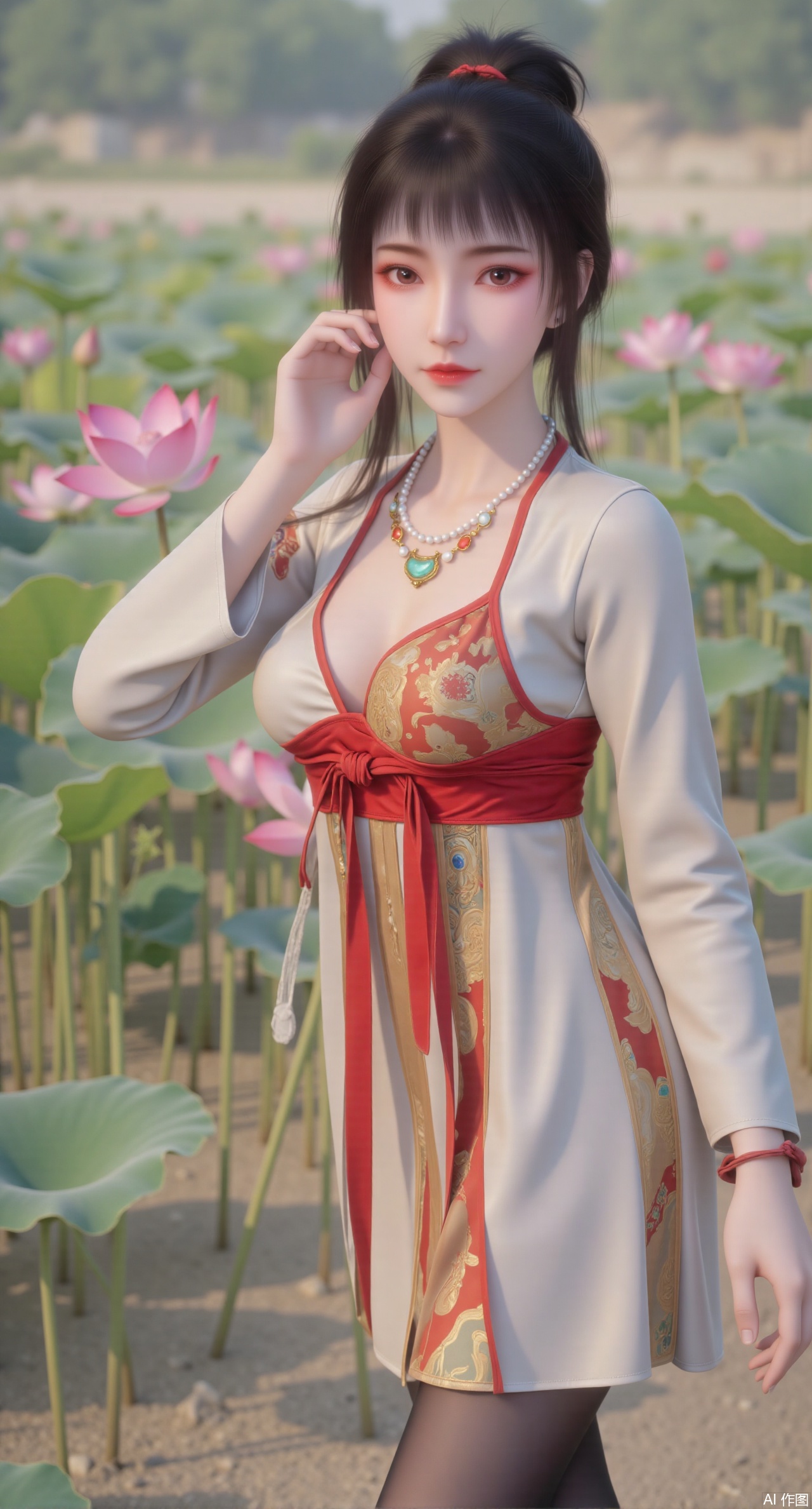 (masterpiece:1.2),best quality,(UE5.5,rendered with Unreal Engine 5,Unreal Engine 5,CG rendering:1.1),original,extremely detailed wallpaper,perfect lighting,1girl,solo,standing,(huge breasts:2.69),(full breasts:2.59),,looking at viewer,(cowboy_shot:1.1),long hair,high heels,blurry background,depth of field,motion blur,long dress,china_dress,chinese_style,bare shouders,crystal_earrings,headpiece,hair_tie,chest_jewel,gem,necklace,jewelry,in summer,day,outdoors,nature,sea,(rose,beach:1.49),(huge breasts:2.99),(full breasts:2.99),,(Background with lotus pond and pink lotus flowers:1.39),,Xmupeiling,XsongyuYK,XqiyueFHK,XheguangzhefandiYK,XxiaobaiNZYK,XlimuwanJCBYK,XmeijiK,XzhouruK,Xjinniang,Xliangpianqun,Xyinggou,Xfeitianwunv,XnangongxierK