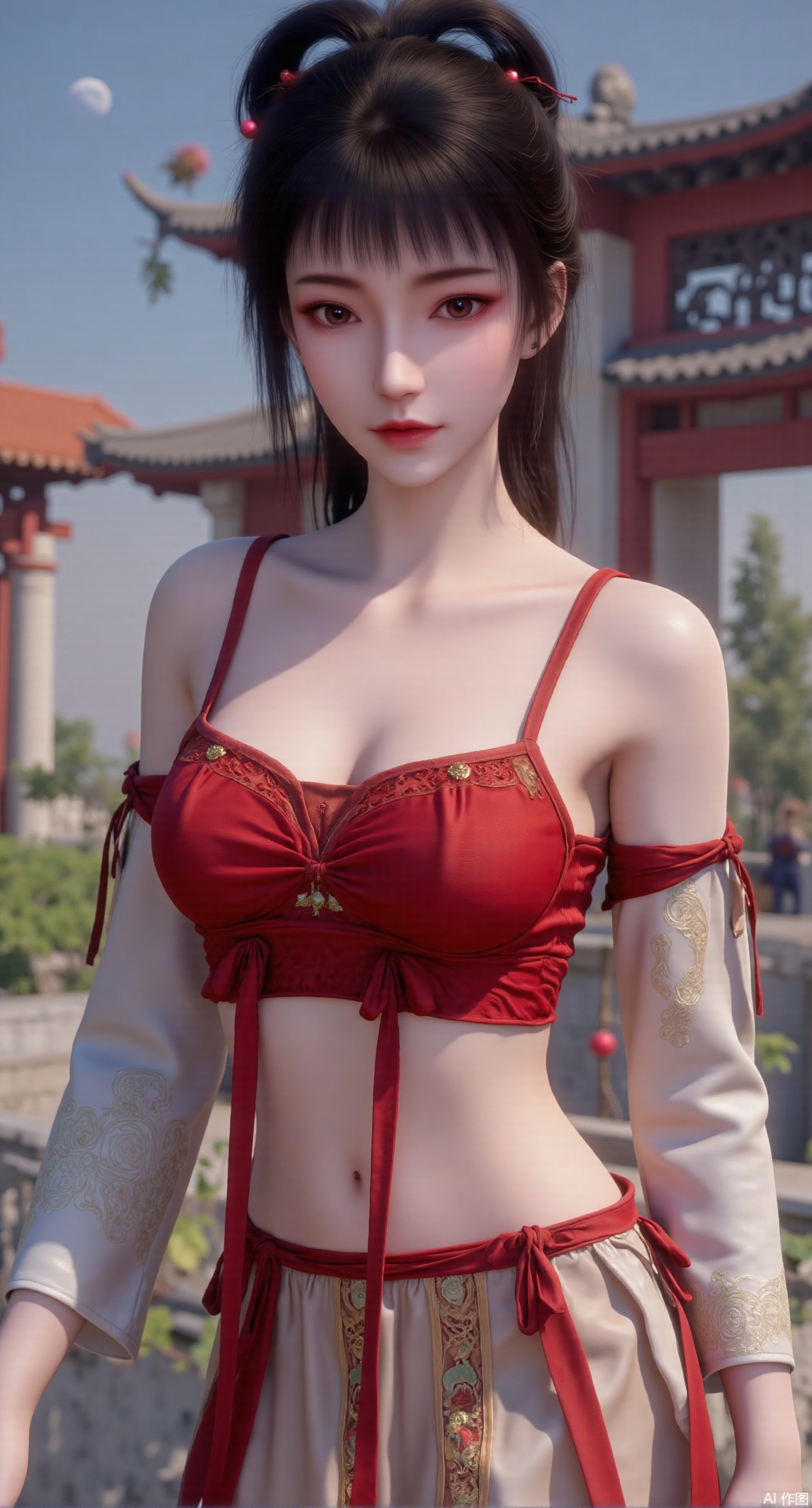 (masterpiece:1.2),best quality, (UE5.5,rendered with Unreal Engine 5,Unreal Engine 5,CG rendering),1girl, navel, solo, midriff, bare shoulders, hair ornament,(long hair),(High double ponytail:1.49), red lips, BREAK, (looking at viewer:1.39), chinese clothes,(long dress:1.36), (lace:1.28), BREAK,blurry, solo focus, long hair, lips, daytime, lipstick, outdoors, standing,upper body,(huge breasts:2.99), (full breasts:2.99),background, solo, makeup,Xyunxiao,(Lotus,Water Lily,Blue sky,full moon:1.39),(Lotus pond,ancient Chinese architecture:1.39),Xmupeiling,XsongyuYK,XqiyueFHK,XheguangzhefandiYK,XxiaobaiNZYK,XlimuwanJCBYK,XmeijiK,XzhouruK,XHhanfududou,XzhouruK2,XmeijiK2,XlinziyueK2,Xjinniang2,Xdunhuangfeitian,Xyinggou2,XnangongxierK2