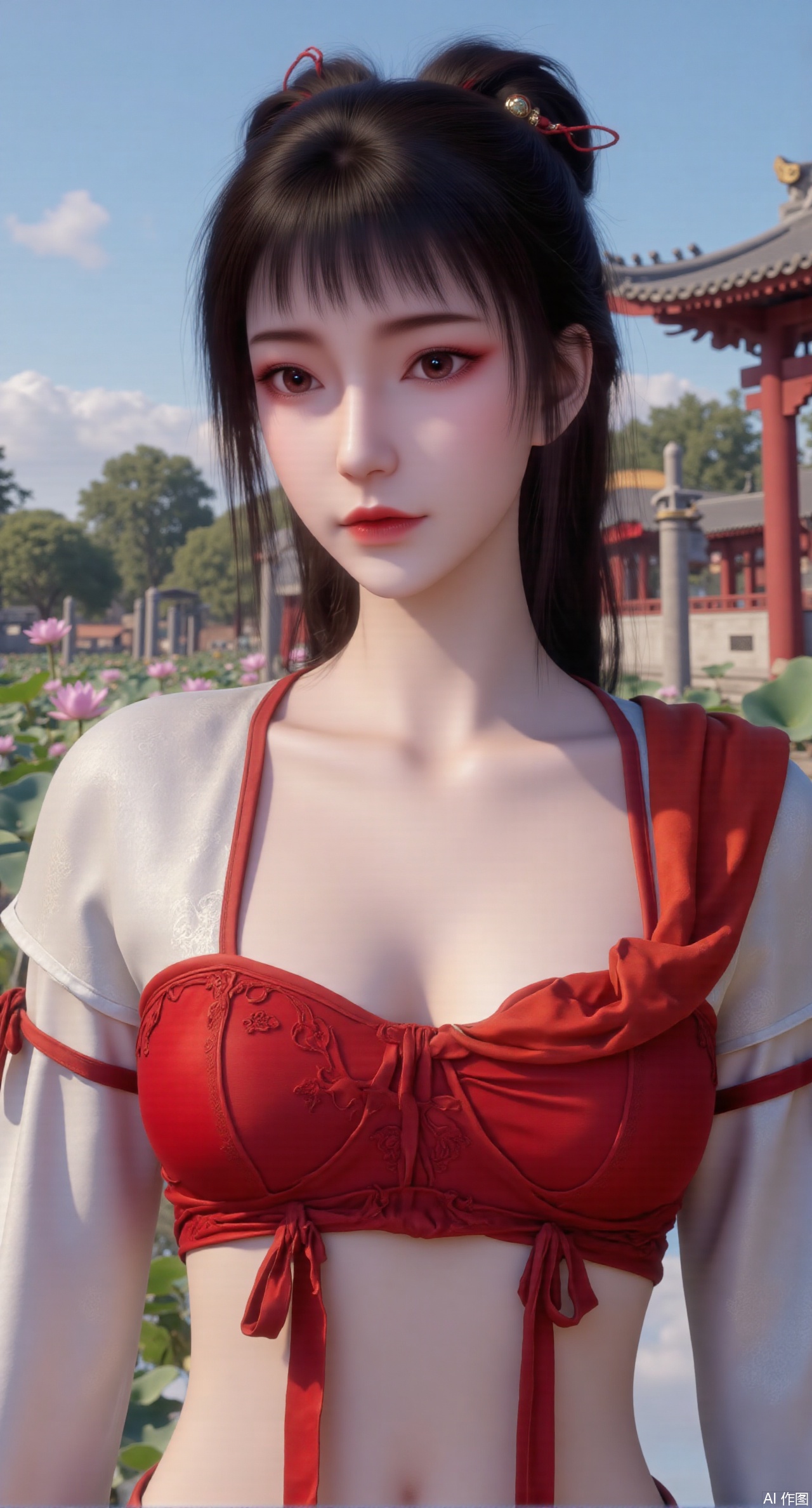 (masterpiece:1.2),best quality, (UE5.5,rendered with Unreal Engine 5,Unreal Engine 5,CG rendering),1girl, navel, solo, midriff, bare shoulders, hair ornament,(long hair),(High double ponytail:1.49), red lips, BREAK, (looking at viewer:1.39), chinese clothes,(long dress:1.36), (lace:1.28), BREAK,blurry, solo focus, long hair, lips, daytime, lipstick, outdoors, standing,upper body,(huge breasts:2.99), (full breasts:2.99),background, solo, makeup,Xyunxiao,(Lotus,Water Lily,Blue sky,full moon:1.39),(Lotus pond,ancient Chinese architecture:1.39),Xmupeiling,XsongyuYK,XqiyueFHK,XheguangzhefandiYK,XxiaobaiNZYK,XlimuwanJCBYK,XmeijiK,XzhouruK,XHhanfududou,XzhouruK2,XmeijiK2,XlinziyueK2,Xjinniang2,Xdunhuangfeitian,Xyinggou2,XnangongxierK2