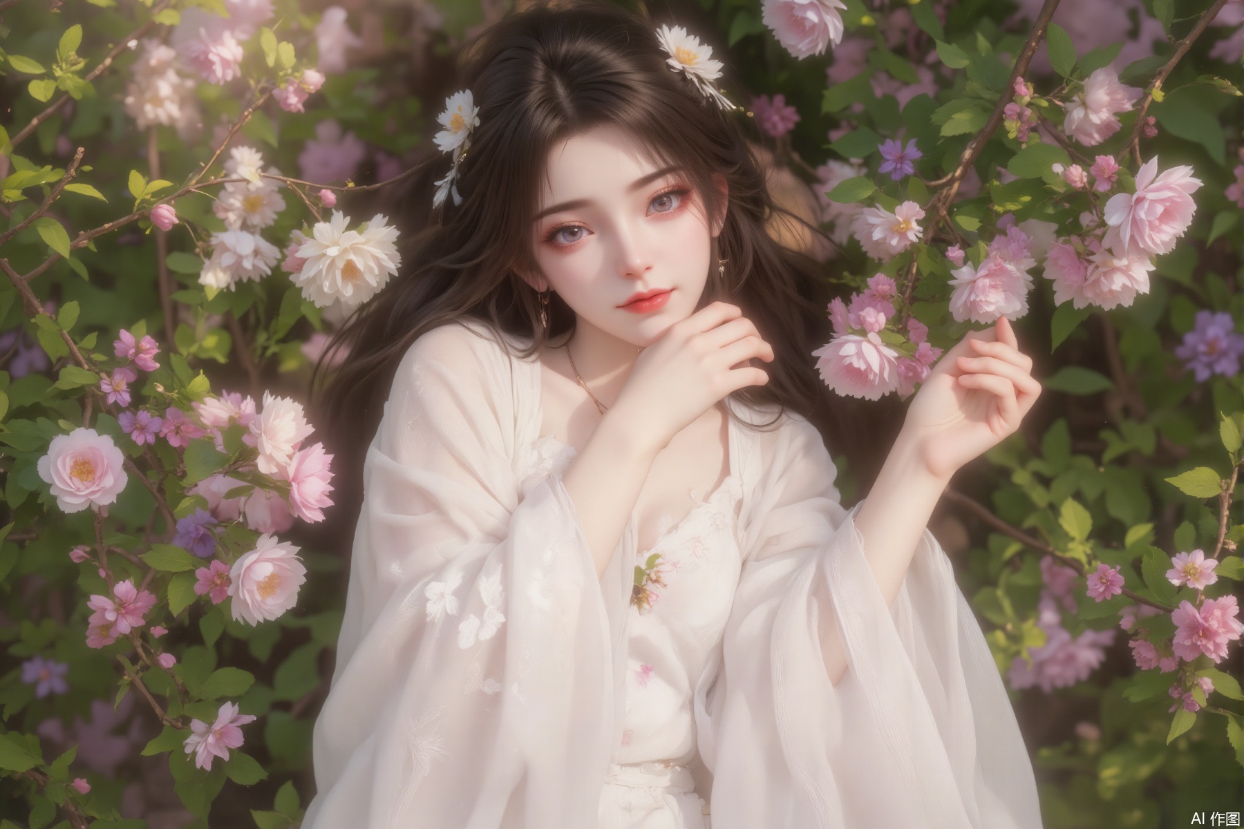 A young woman in the landscape of blooming flowers. She has long and soft hair and is wearing a white floral embroidered dress, which looks fresh and sweet overall. She lay in the flowers, closed her eyes, and the sun shone on him. Flowers of various colors bloom around them, including pink, purple, etc. The green background and sunlight shine through the branches and leaves, creating a romantic and warm atmosphere. This style is common in illustration creation with beautiful romance as the theme, showing the beautiful fusion of nature and youth