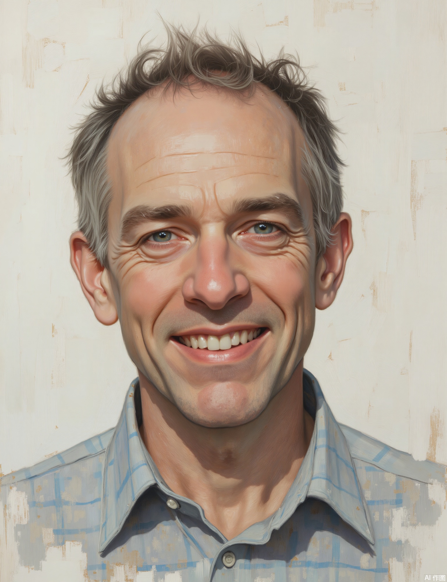OBxiaoxiang, 
A portrait showcasing a cheerful, middle-aged man with a warm, inviting smile, perhaps with laugh lines around his eyes. Half-body composition. The artwork has a friendly, engaging visual effect, characterized by the natural rendering of his features and the comfortable texture of his casual, patterned shirt. Bright, even studio light creates an open, welcoming feel. The pale gray background has a very subtle, organic, almost cloud-like texture. His eyes sparkle with good humor, and the distinct pattern of his shirt is clear against the backdrop.