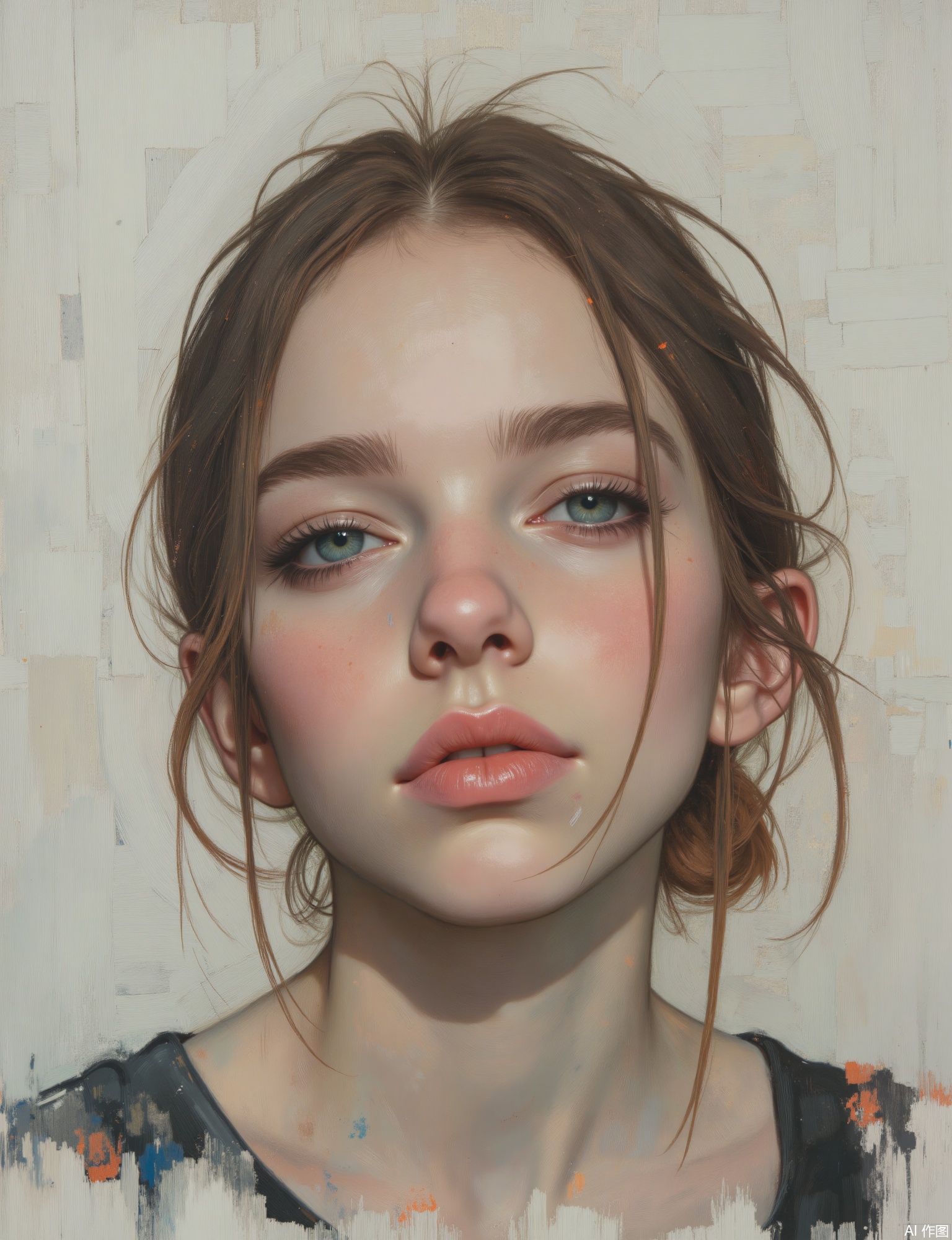 OBxiaoxiang, 
A portrait of a young woman, an artist, with a smudge of paint on her cheek and an intense, creative gaze, perhaps holding a paintbrush. Facial close-up. The artwork possesses a candid, energetic quality, with a surface that feels both immediate in her expression and subtly textured in the pale gray background (maybe resembling a primed canvas). Directional light, as if from a studio window, highlights her features. Her eyes are bright with inspiration, and the varied textures of her paint-splattered apron or smock are evident.