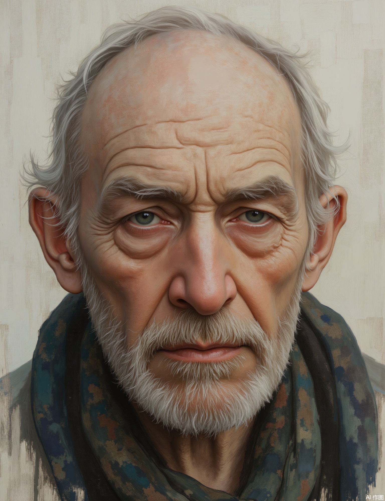 OBxiaoxiang, 
A thoughtful facial close-up of an elderly man, his face a map of life experiences, gaze directed slightly off-camera as if in deep reminiscence. The rendering imparts a profound, almost sculpted texture to his features. Soft, directional light from a single source creates gentle shadows that emphasize his wrinkles. The pale gray background has a texture resembling old, worn stone, adding to the contemplative mood. His eyes, though not directly engaging, hold a story, and the subtle texture of a well-worn wool scarf around his neck is evident.
