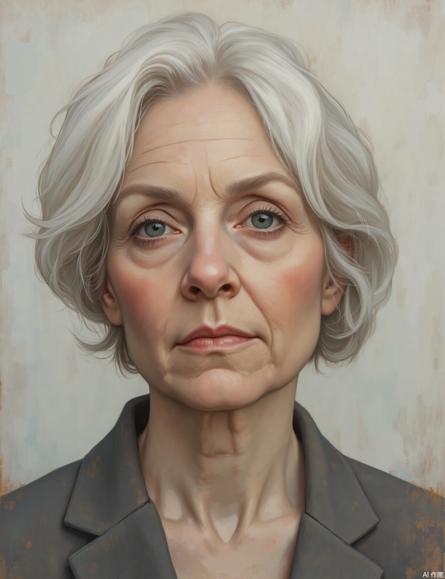 OBxiaoxiang, 
A powerful portrait of a middle-aged woman, a community leader, her expression strong and compassionate, looking directly at the viewer. Facial close-up. The image has a commanding yet approachable surface, her features rendered with clarity and depth. Balanced, professional studio lighting. The pale gray background has a smooth, subtly mottled texture, suggesting a modern, polished concrete wall. Her eyes convey empathy and strength, and the refined texture of her tailored, professional attire is clearly visible.