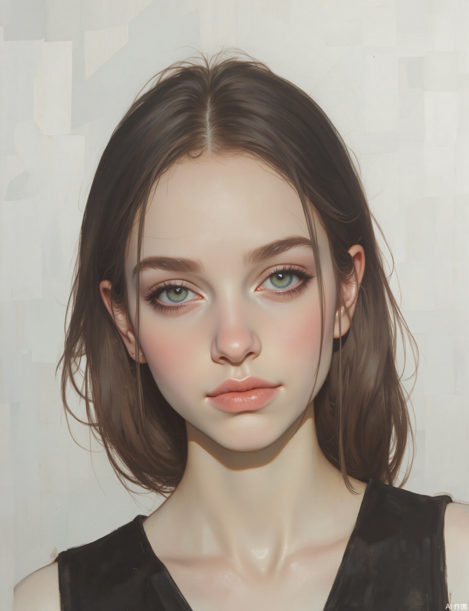 OBxiaoxiang, 
A head-and-shoulders portrait of a person in their late twenties or early thirties, with a direct, confident gaze and a subtly stylish haircut. The visual execution thoughtfully combines clear definition in their features with a contemporary, polished surface quality. Clean, modern studio lighting. The pale gray background has a sleek, brushed metallic texture, adding a contemporary edge. Their eyes are sharp and engaging, and the texture of their smart, minimalist top is clearly defined.