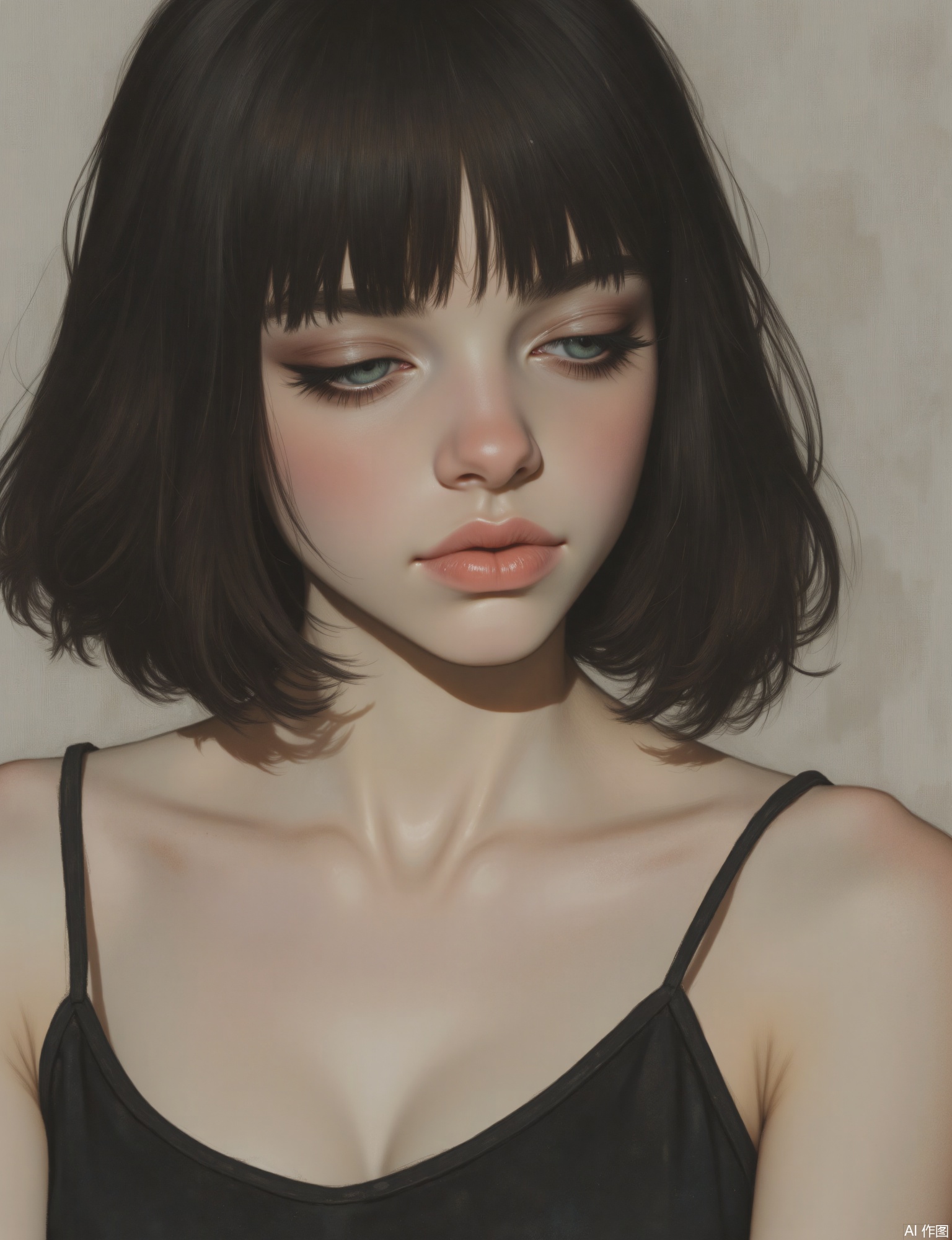 OBxiaoxiang, 
A portrait of a young woman with long, flowing dark hair, her gaze introspective and slightly melancholic, looking downwards. Half-body composition, one hand perhaps resting near her collarbone. The image has a soft, contemplative quality, her smooth skin contrasting with the subtle, textured pale gray background (perhaps a fine, velvety flocking effect). Low, diffused side lighting creates gentle shadows and a moody atmosphere. Her eyelashes cast soft shadows, and the delicate drape of her simple, dark silk camisole is evident.