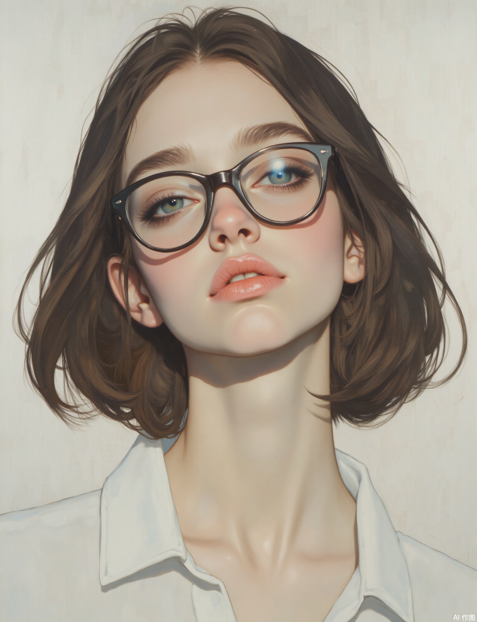 OBxiaoxiang, 
A portrait of a young woman, a tech innovator, with a bright, intelligent gaze, perhaps with stylish, minimalist glasses perched on her nose. Facial close-up. The artwork possesses a sleek, modern quality, with a surface that feels both precisely defined in her features and clean. Bright, even lighting that emphasizes her sharp intellect. The pale gray background has a very fine, almost invisible, metallic fleck or brushed aluminum texture. Her eyes convey quick thinking, and the subtle texture of her smart, business-casual blouse is evident.