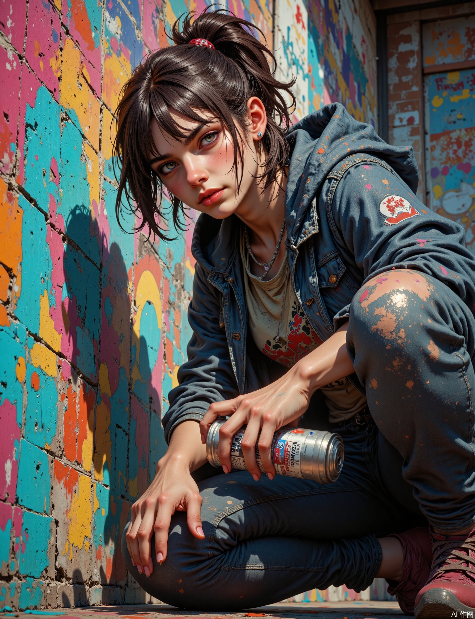 OBxiaoxiang,
A dynamic portrait of a young woman, a street artist, mid-action with a spray can, against a vibrant, graffiti-covered urban wall. Half-body composition, exuding energy. The image has a gritty, tactile surface quality, suggesting both the rough texture of brick and the layered, matte finish of spray paint. Bright, slightly diffused daylight illuminates the scene. Sharp catchlights in her determined eyes, the detailed textures of her casual, paint-splattered clothing, and the vivid colors of the street art are key.