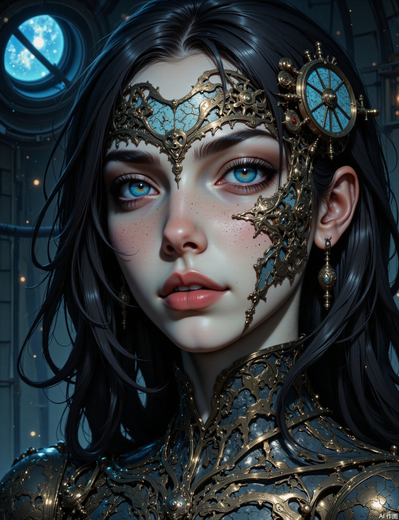 OBxiaoxiang,
A serene portrait of a young celestial clockwork guardian, her form partially integrated with intricate, spinning astrolabes and orreries made of polished brass and silver. Facial close-up, conveying timeless vigilance. The rendering is precise and metallic, achieving a blend of smooth, polished surfaces and the complex, tangible detail of interlocking gears and celestial charts. Starlight from an observatory dome window provides a cool, focused illumination, highlighting the metallic components. The overall color palette is deep blues, silvers, and golds, against a backdrop of a star-filled sky visible through the dome. Her eyes reflect distant galaxies, and the intricate craftsmanship of the clockwork mechanisms is paramount.