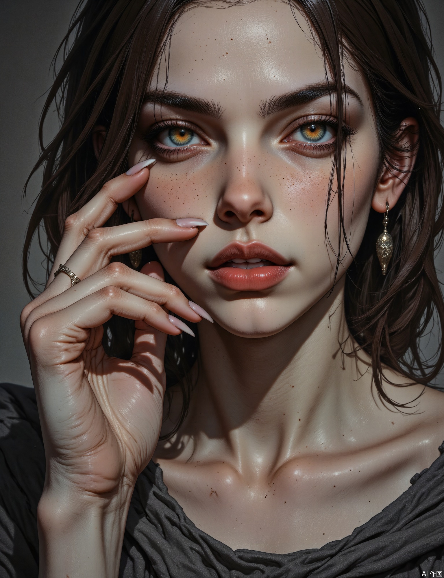 OBxiaoxiang,
A close-up portrait focusing on the expressive hands of a young woman, perhaps gently cradling a delicate object or making a subtle gesture, with her face partially obscured or softly focused. The rendering emphasizes the anatomy and texture of her hands—skin, nails, an almost sculptural quality—with great detail and tactile depth. Lighting is carefully directed to highlight the form and texture of the hands and the object they interact with. Catchlights might be on the object or subtly in her out-of-focus eyes. The background is minimal and out of focus.