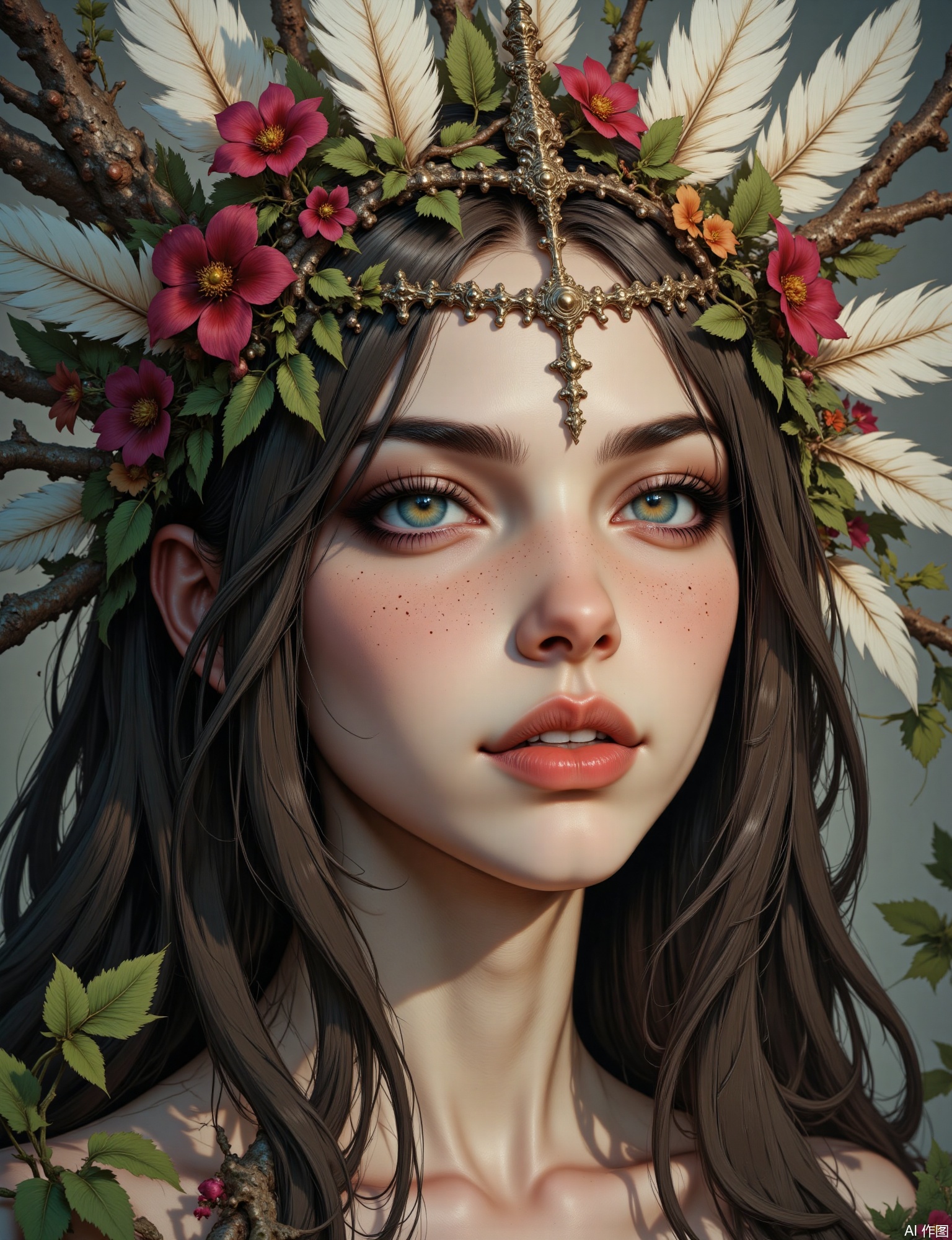 OBxiaoxiang,
A portrait of a young woman wearing an elaborate, nature-inspired headdress made of feathers, flowers, and branches. Close-up or half-body, showcasing the intricate craftsmanship and her connection to nature. The rendering gives a highly detailed, tactile quality to the natural elements, while her features are portrayed with a gentle, artistic depth. Soft, natural lighting enhances the textures and colors of the headdress. Natural catchlights, a serene or wild expression, and the textures of feathers, petals, and leaves contrasting with her skin and hair are paramount.
