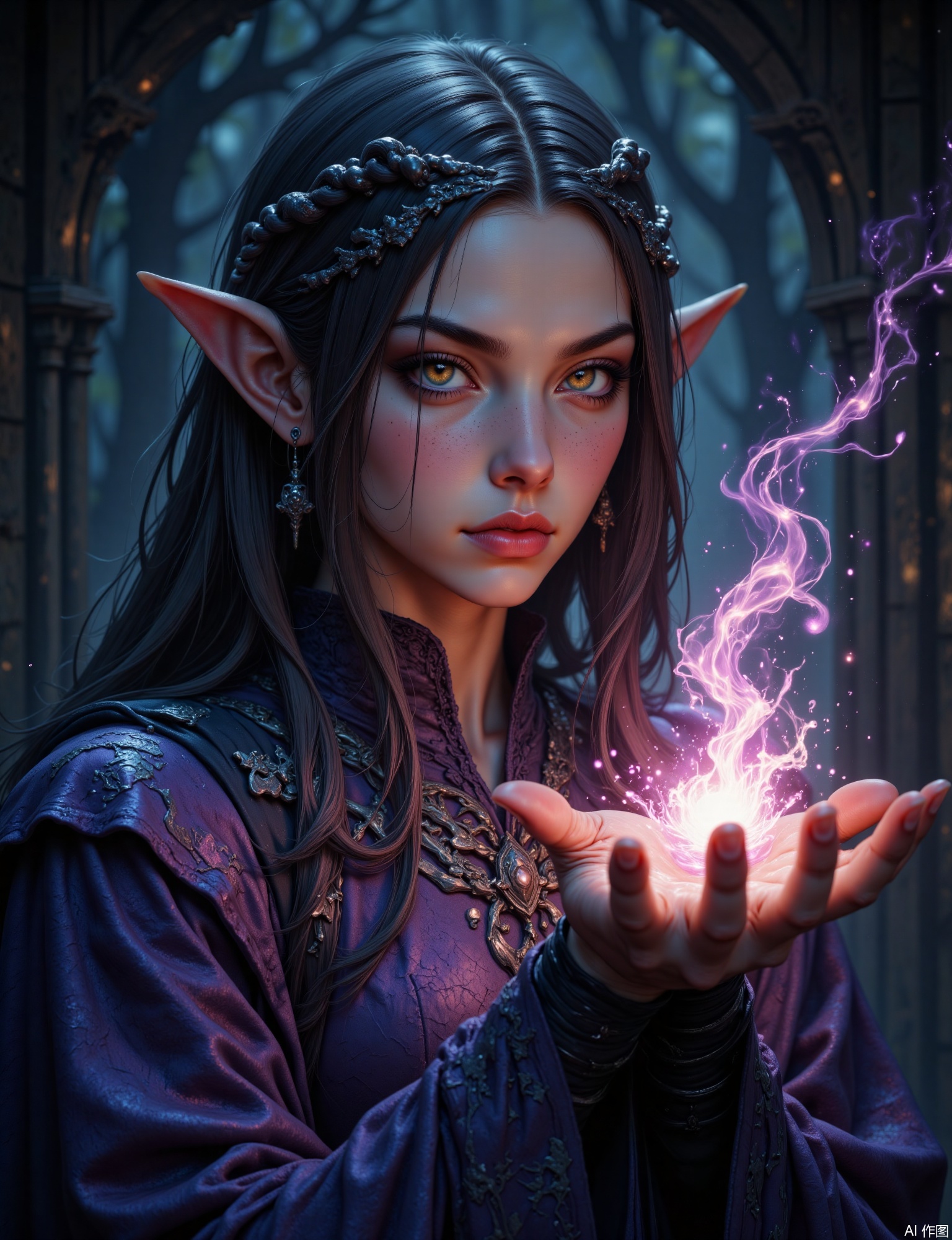OBxiaoxiang,
A portrait of a young elven sorceress, her pointed ears subtly visible, eyes glowing with arcane energy. Half-body composition, one hand raised, conjuring faint, ethereal light particles. The image has a substantial, tactile quality to its surfaces, suggesting both precise detail in her intricate robes and expressive layering in the magical effects. Dramatic, mystical lighting emanates from her spell, casting sharp highlights on her high cheekbones and creating deep shadows. The color palette is rich, perhaps deep violets and silvers, against a blurred, ancient forest background. Sharp catchlights reflect the magical glow, her skin smooth, hair intricately braided with glowing runes, and the fabric of her enchanted robes shows detailed texture.