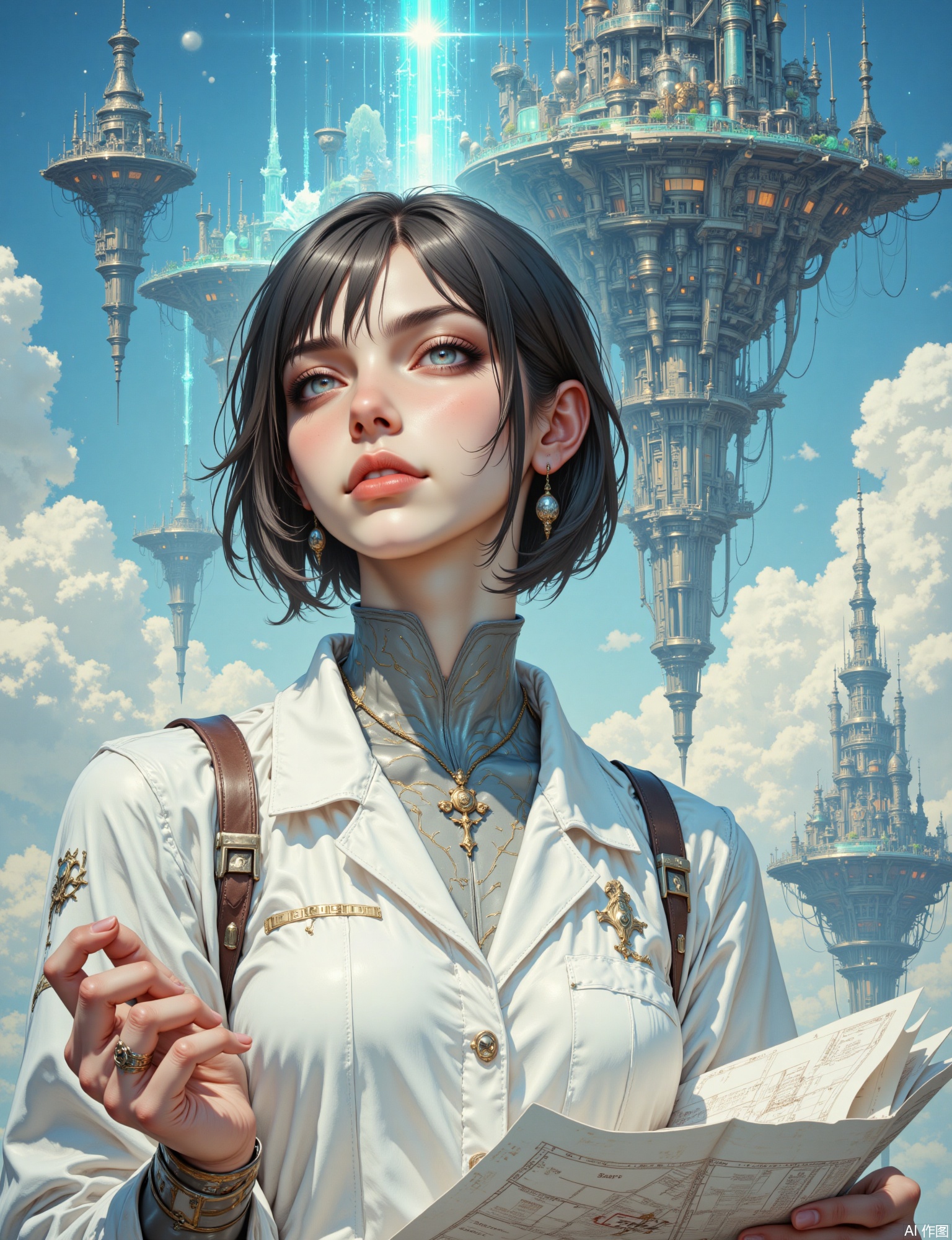 OBxiaoxiang,
A portrait of a young sky-city architect, holding glowing, ethereal blueprints, her expression thoughtful and innovative. Facial close-up composition, with magnificent, impossibly structured floating islands visible behind her against a vast, cloud-strewn sky. The artwork possesses a clean yet richly detailed quality, with a surface that feels both precisely engineered in the architectural elements and pleasantly substantial in her attire. Bright, clear sunlight from above illuminates the scene. Colors are airy and bright – sky blues, whites, with metallic or crystalline accents from the city – creating a hopeful mood. Catchlights reflect the open sky, her clothing is practical yet stylish with intricate details, and the complex geometry of the sky-city is awe-inspiring.