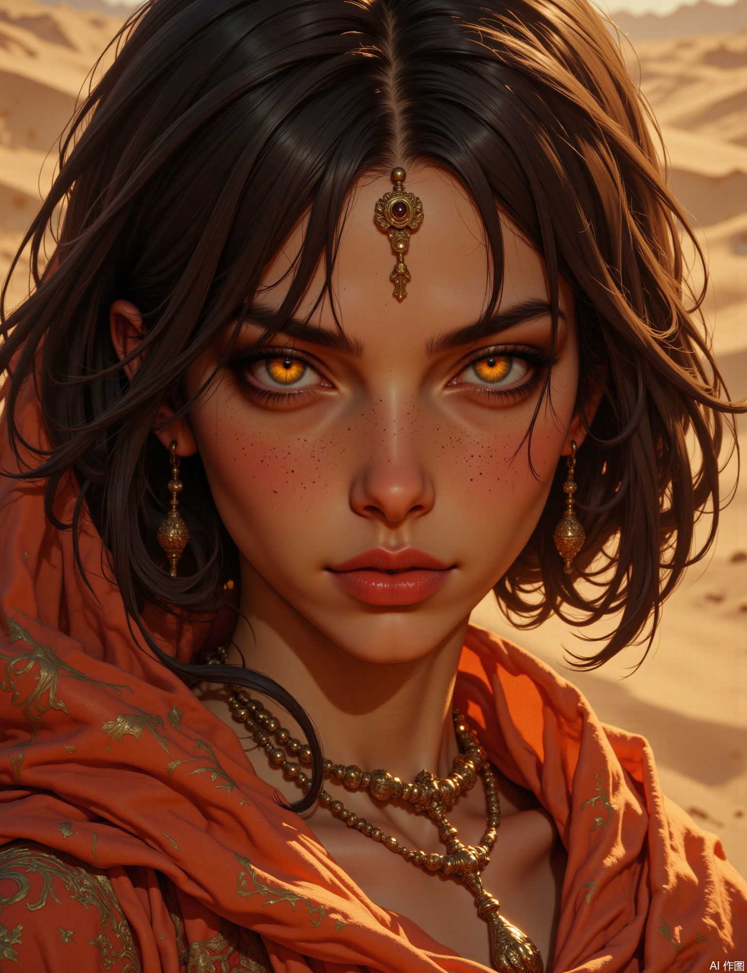 OBxiaoxiang,
A facial close-up of a young desert djinn, her eyes like polished obsidian, wisps of sand and magic swirling around her. The rendering imparts a flowing, ethereal quality to her silken garments and hair, yet a substantial, sun-baked texture to her skin. Soft, warm backlighting as if from a setting desert sun, creating a fiery halo, with sharp highlights on her golden jewelry. The overall color palette is rich with desert hues – ochres, deep oranges, and golds – against a backdrop of a vast, windswept dune sea or a mystical oasis. Emphasized, captivating catchlights, intricate henna-like patterns on her skin, and the shimmering texture of her silks are crucial.