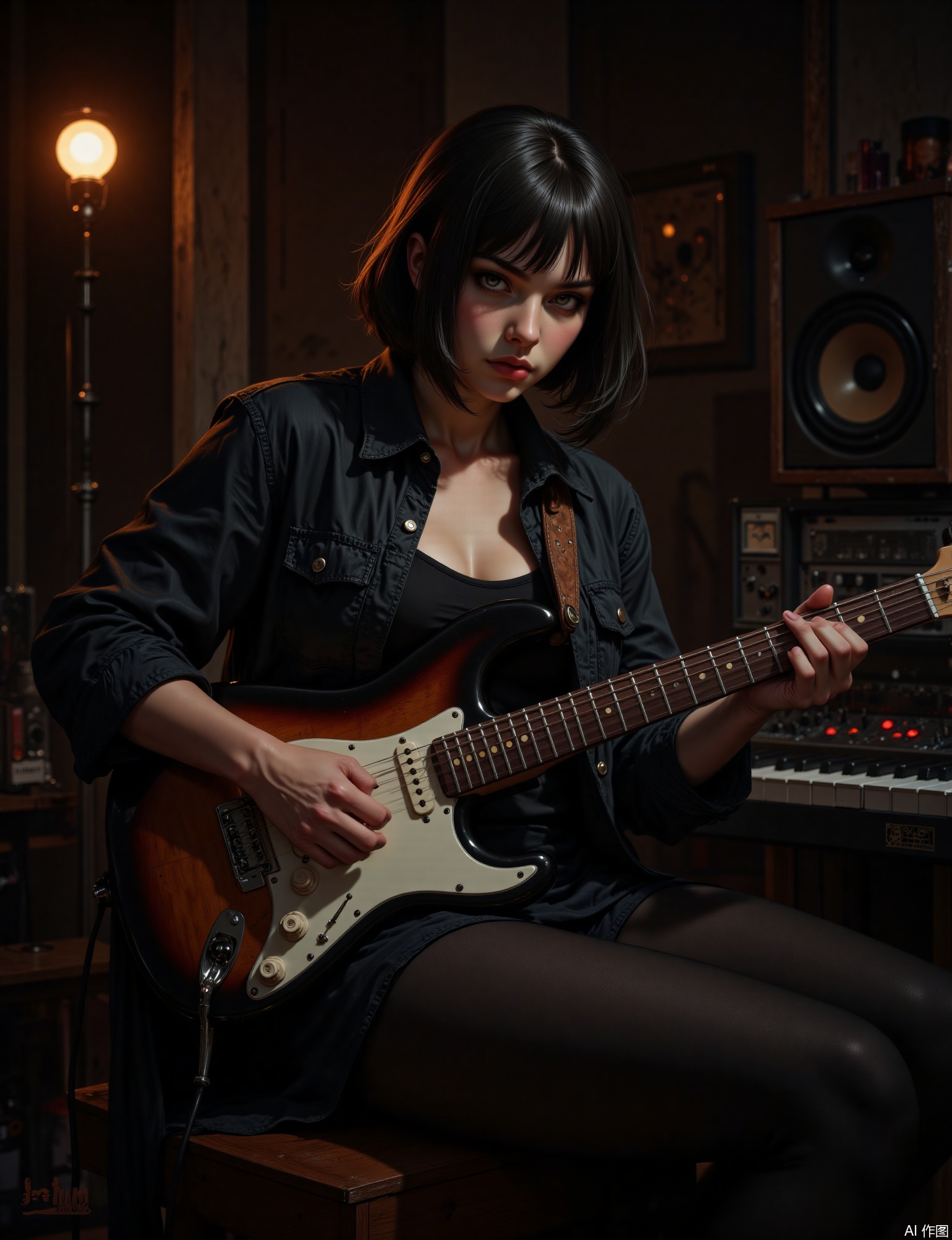 OBxiaoxiang,
A portrait of a young musician in a dimly lit recording studio, intensely focused on her electric guitar or keyboard. Half-body composition. The artwork conveys a sense of intimacy and creative absorption, with rich, deep shadows and carefully rendered surfaces of the musical equipment, her clothing, and skin. A single warm spotlight or the glow from a mixing desk illuminates her and the instrument, creating strong highlights. A moody, low-key color palette with warm accents. Her eyes show deep concentration, the polished wood or metallic texture of the instrument, and the subtle details of studio gear are meticulously rendered.