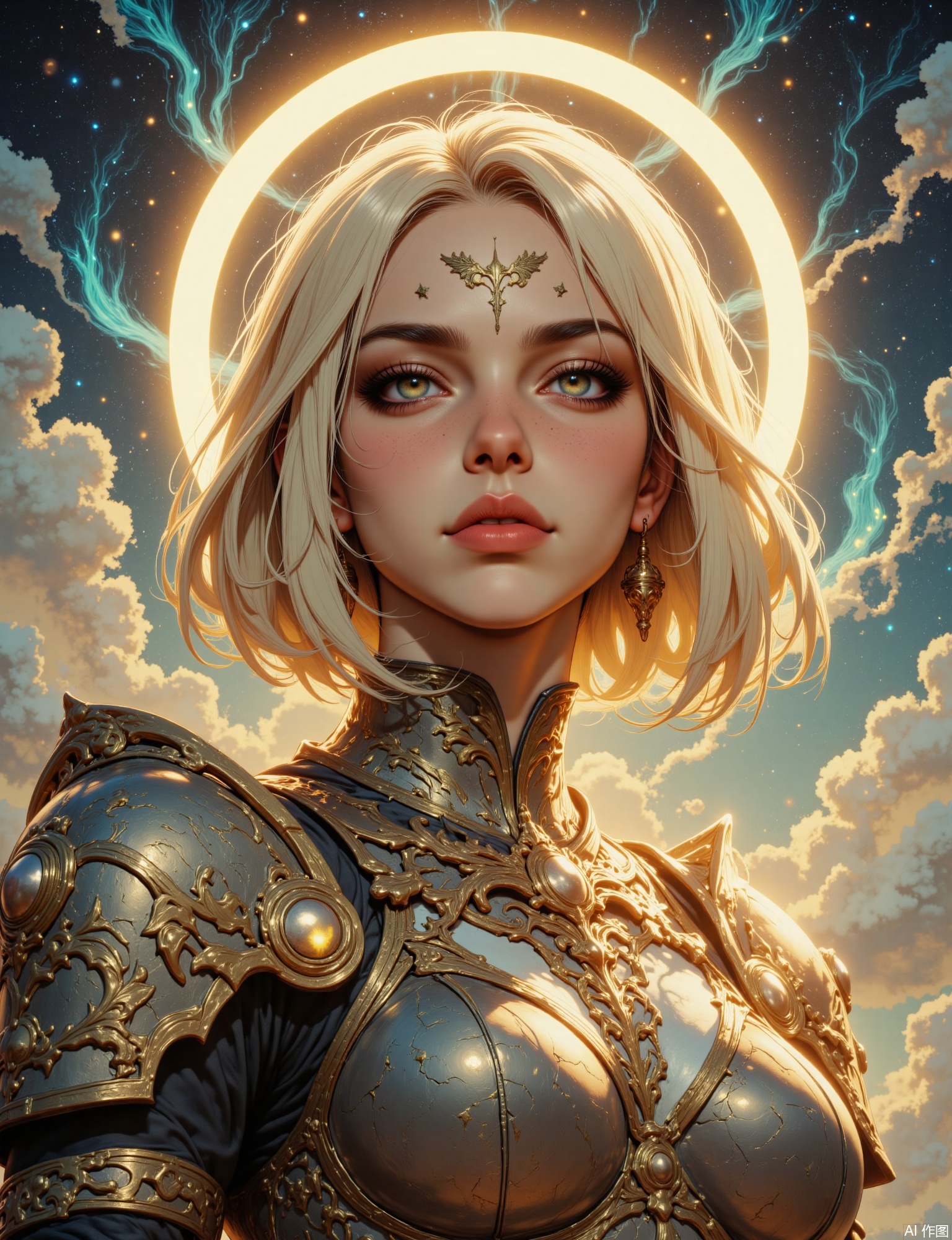 OBxiaoxiang,
A facial close-up of a young celestial warrior, a faint, golden aura shimmering around her determined face, perhaps with subtle, feather-like markings near her eyes. The rendering imparts a strong, divinely crafted texture to her features, with a contemporary feel. Soft, ethereal backlighting outlines her form, creating a halo effect with sharp, golden highlights on her ornate, yet practical, armor. The overall color palette is luminous, with golds, creams, and sky blues, against a backdrop of swirling nebulae or celestial clouds. Emphasized, star-like catchlights in her eyes, flawless skin, and the metallic sheen and intricate engravings of her pauldrons are crucial.