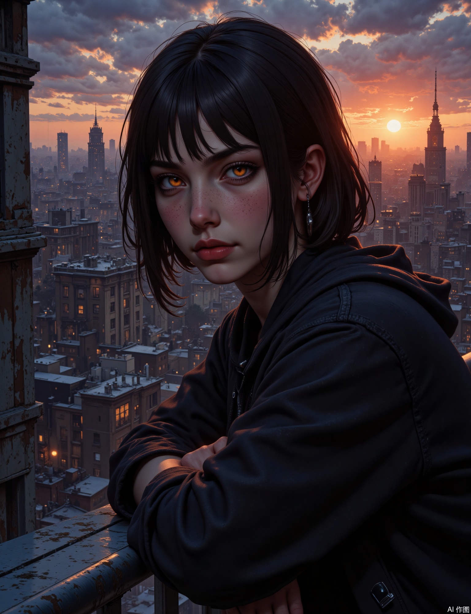 OBxiaoxiang,
A portrait of a young woman on a city rooftop at sunset, the sprawling urban skyline silhouetted behind her. Half-body, perhaps leaning on a weathered railing, gazing at the view. The artwork features a dramatic, atmospheric surface quality, capturing the warm glow of the setting sun on her features and the deep, layered shadows. Strong, warm rim lighting from the sunset contrasts with the cooling blues and purples of the twilight sky. Her eyes reflect the city lights beginning to twinkle, her hair catches the last rays, and the cool, metallic texture of the railing is evident.