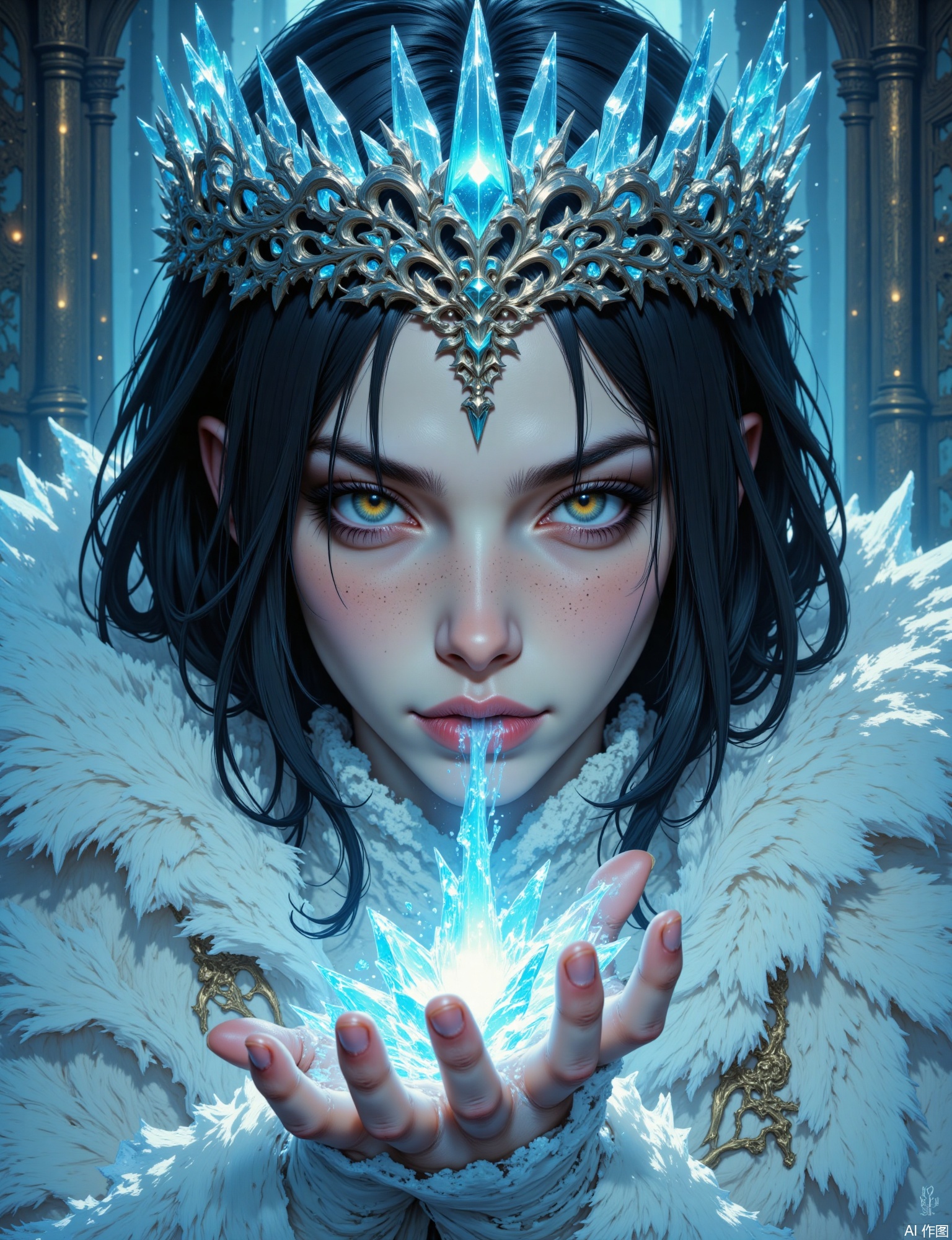 OBxiaoxiang,
A portrait of a young ice sorceress, an elaborate crown of shimmering ice crystals adorning her brow, a faint frosty mist escaping her lips. Half-body composition, one hand encased in jagged ice, emanating a cold aura. The artwork features a sharp, crystalline surface quality, her form appearing both elegant and dangerously cold, executed with a deeply layered, almost sculpted feel. Piercing, cool light reflects off the ice, creating brilliant highlights and stark shadows. Colors are predominantly icy blues, whites, and silvers, against a backdrop of a grand, frozen palace interior or a desolate, snow-covered tundra. Her eyes reflect an inner frost, skin has a pale, cool texture, and the intricate facets of the ice are meticulously detailed.