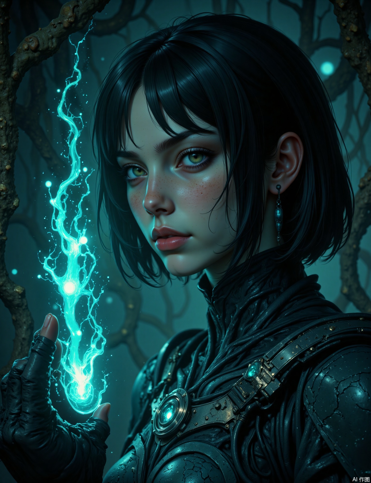 OBxiaoxiang,
A portrait of a young xenolinguist, her face partially illuminated by the glowing, holographic interface of an alien language translator she's interacting with. Half-body composition, surrounded by strange, organic-looking alien artifacts in a dimly lit research outpost. The image has a substantial, tactile quality to its surfaces, suggesting both the smooth, high-tech feel of her equipment and the bizarre, unknown textures of the alien environment. Cool, holographic light creates sharp highlights on her features and casts long, eerie shadows. The color palette is dominated by the interface's glow (e.g., cyan or emerald) against dark, mysterious alien tones. Sharp, focused catchlights, intricate details on the holographic display, and the unique textures of her specialized suit and the alien artifacts are key.