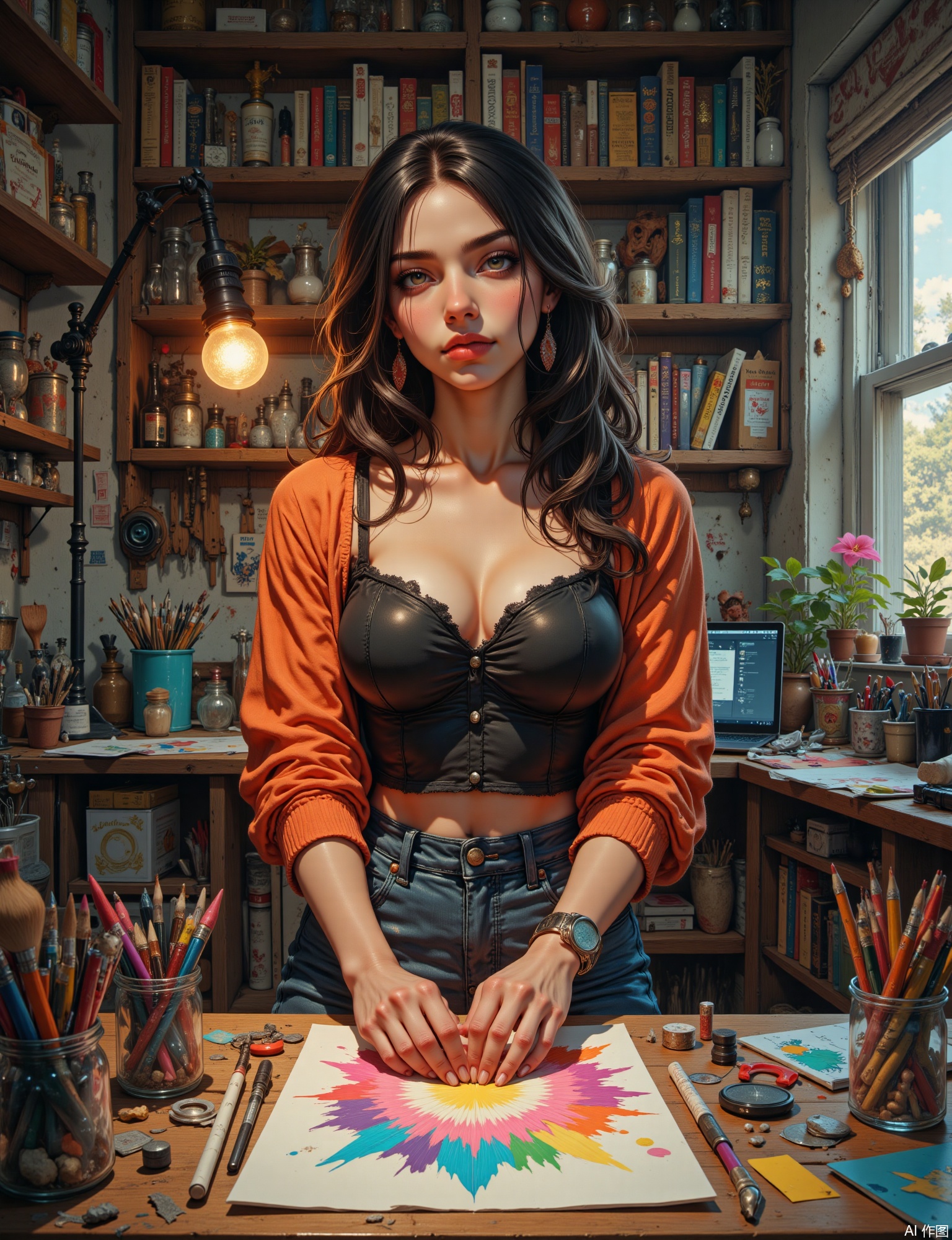OBxiaoxiang,
A portrait of a young woman in her vibrant, personalized home creator space (e.g., art studio, podcasting nook), surrounded by her tools, books, and inspirations. Classic portrait, engaged in her craft. The image has a richly detailed and textured surface quality, reflecting the eclectic mix of materials – paper, canvas, metal, plastic – in her environment. Bright, natural light from a window or well-placed warm artificial lights illuminate the scene. A colorful and expressive palette. Catchlights show her creative spark, the varied textures of art supplies or tech equipment are clearly defined and feel tangible.