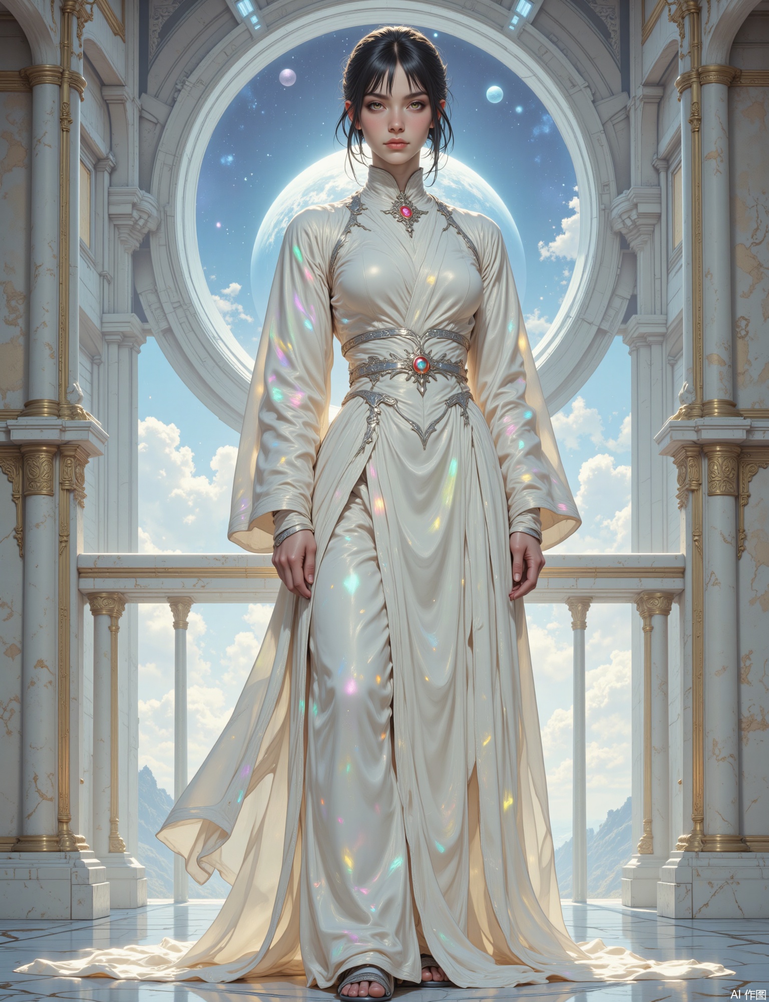 OBxiaoxiang,
This portrait features a young diplomat from a serene, utopian society, adorned in elegant, flowing robes made of a light-manipulating smart fabric. Classic portrait composition, standing in a grand, minimalist hall of an interstellar embassy, with vast windows revealing a breathtaking view of a ringed gas giant. The artwork conveys a sense of advanced, harmonious substance through its smooth, luminous surface quality. Soft, ambient light diffuses through the hall, making her smart fabric shimmer with subtle color shifts. The color scheme is light and ethereal – pearlescent whites, soft pastels, and silver. Her eyes radiate calm wisdom, and the intricate, yet understated, patterns and light-play of her advanced attire are meticulously rendered.