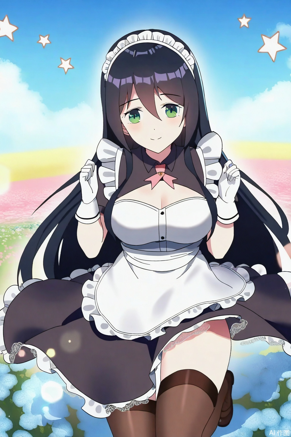 1girl, solo, long hair, breasts, smile, bangs, large breasts, black hair, gloves, dress, hair between eyes, green eyes, short sleeves, white gloves, star \(symbol\), apron, maid, maid headdress, maid apron,Thigh exposed,thighhighs,looking at viewer,in a meadow,in a meadow,